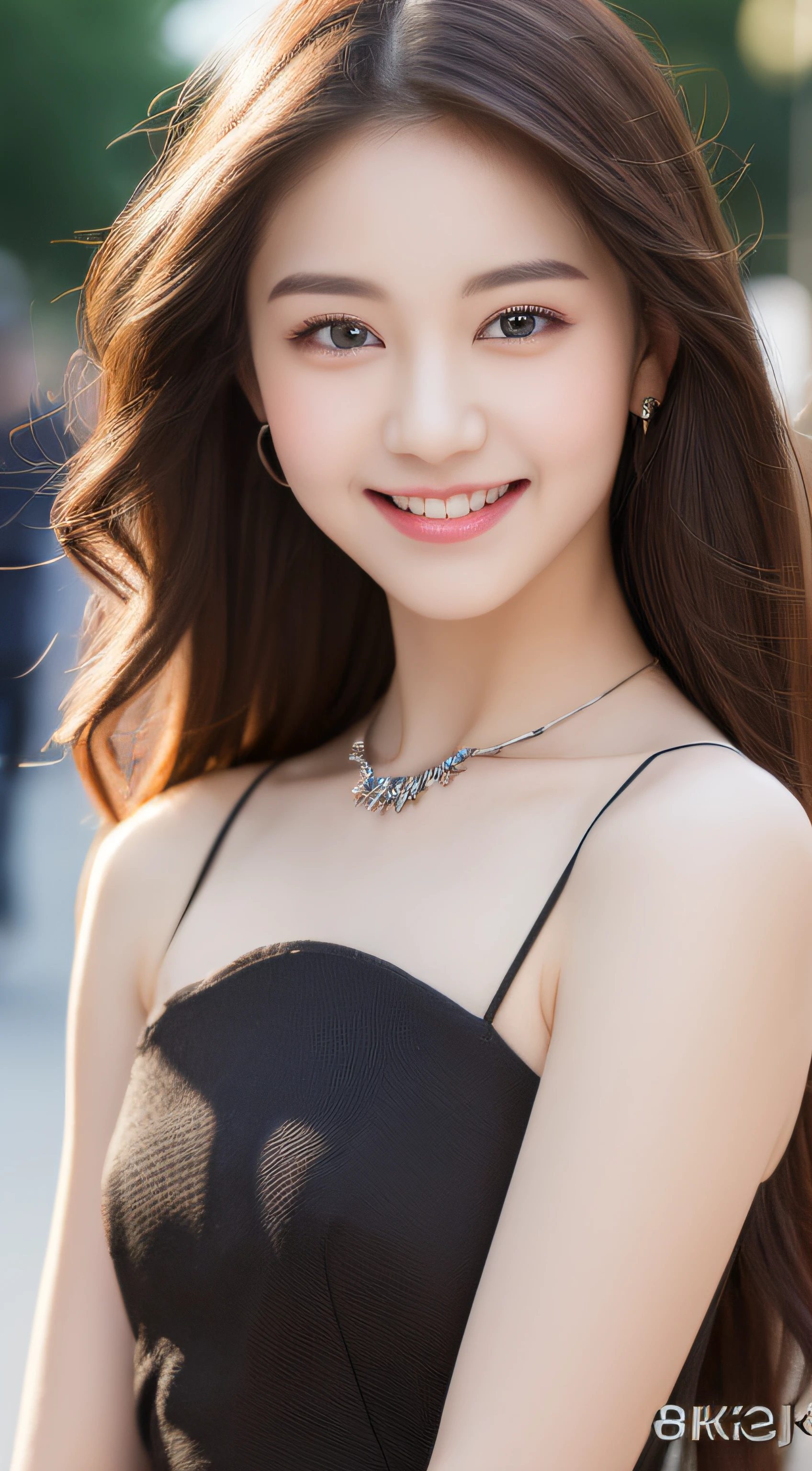((Best quality, 8k, Masterpiece :1.3)), 1girl, smiling, full body, slim face, Pretty woman, (Dark brown hair), full length dress :1.1, Ultra-detailed face, Detailed eyes, Double eyelid, blur background, slim face, city, outside, street,