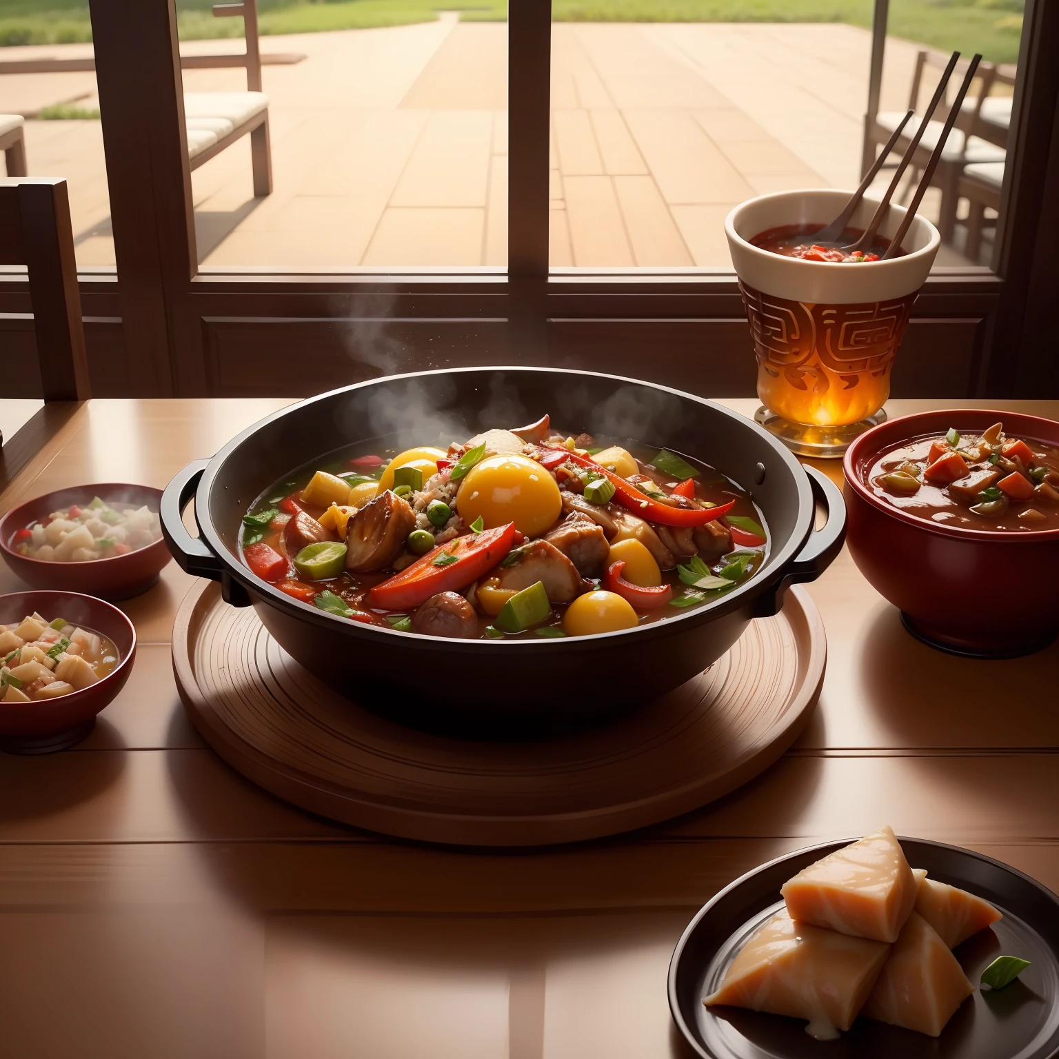 There are many different foods on the tray on the table, Then the table is littered with tasting dishes(For example, red peppers,star anise, etc)super realistic food picture, delicacy, ❤🔥🍄🌪, Chinese traditional, sichuan, in style of pan ren wei, 3. Joy, and the sun was shining brightly, Chinese, food commercial 4 k, Chinese small stir-fry, high quality food photography, 💣 💥💣 💥