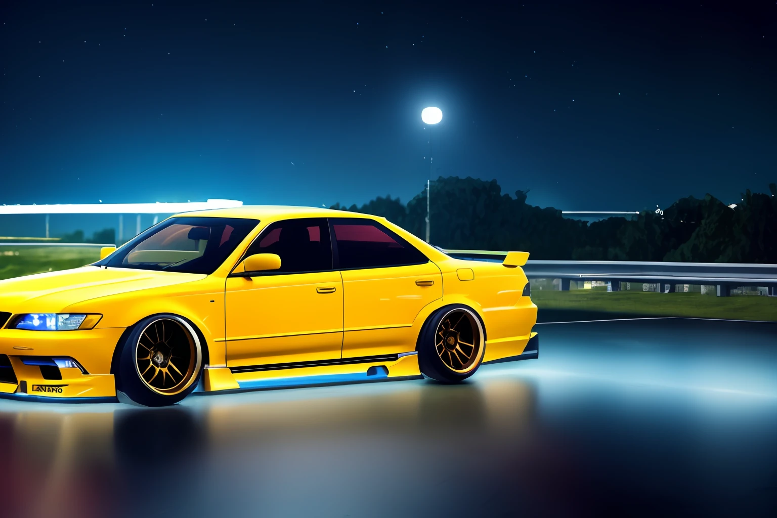 (STANCE), masterpiece,best quality,official art,extremely detailed CG unity 8k wallpaper,illustration, light,car, bright, sports car, vehicle focus, road, ((need for speed)),((NFS)), moving, wet, (((night, midnight))),neon lights,drift,  (MARKII)