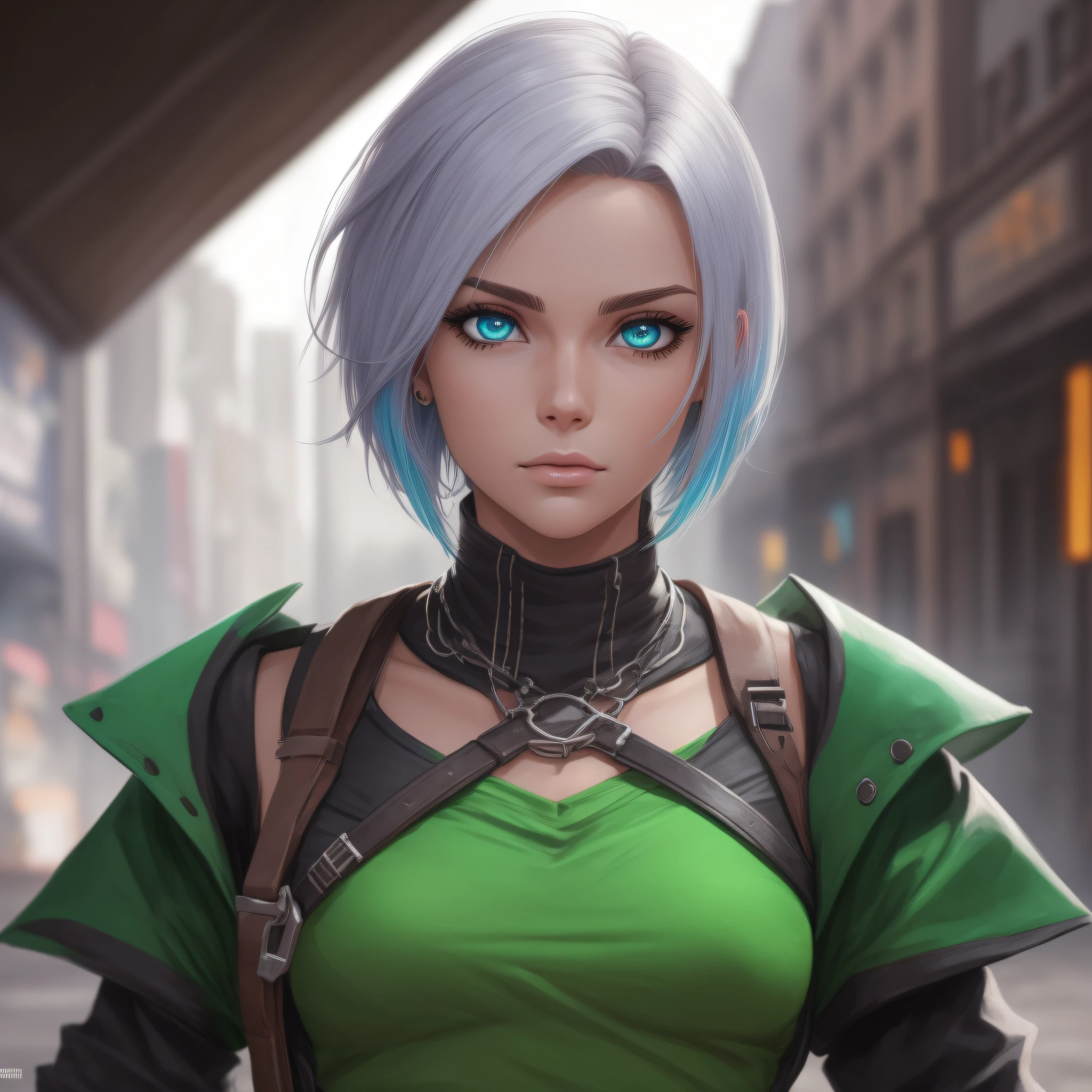 ID da tarefa.:49618817978437 guerreira mulher Cyberpunk linda ,em rua de um cidade futurista, com olhos verdes, cabelo longo colorido, Roronoa Zoro, an anime piece, brincos, rosto, platinum_hair, joias, male_focus, ao ar livre, short_hair, simetric body, retrato, cinematic lighthing, alto contraste, artstation, arte conceito de personagem, 8K, fundo simples, cicatriz sobre um olho