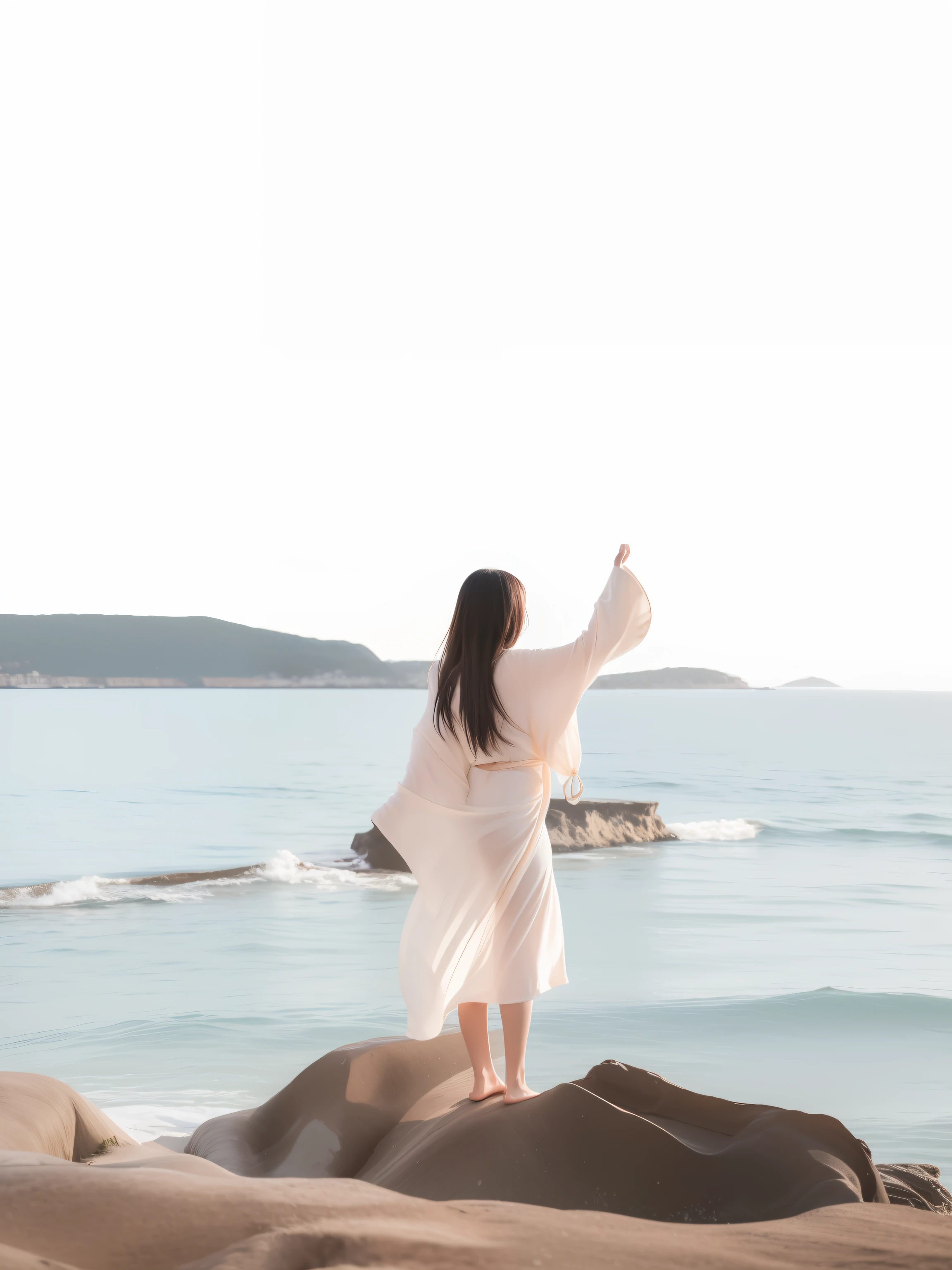 There was a woman standing on a rock by the water, standing on the sea side, Have by the sea, girl looking at the ocean waves, standing at the beach, girl dancing on cliff, [ Floating ]!!, waving robe movement, Flowing cape, the ocean in the background, dressed in simple robes, cloak flittering in the wind