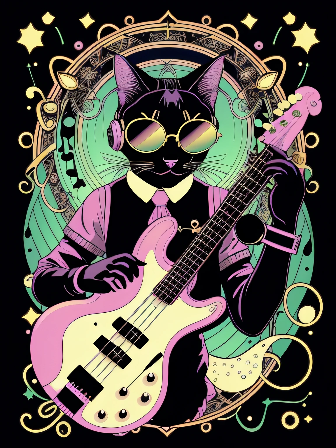 whimsical Vector-art of a (cat_playing_a_bass_guitar_with_headphones_and_sunglasses_ 1.3), set in a fantastical and dreamy world. Depict the cat with a dreamy and magical expression, surrounded by musical notes and sparkling stars. Use soft and pastel colors to create a sense of enchantment and wonder. The bass guitar can be embellished with playful and imaginative details, like musical-themed patterns or motifs. This style should evoke a sense of musical fantasy, where the cat's music creates a magical atmosphere, isolated, black background, in the style of 0mib