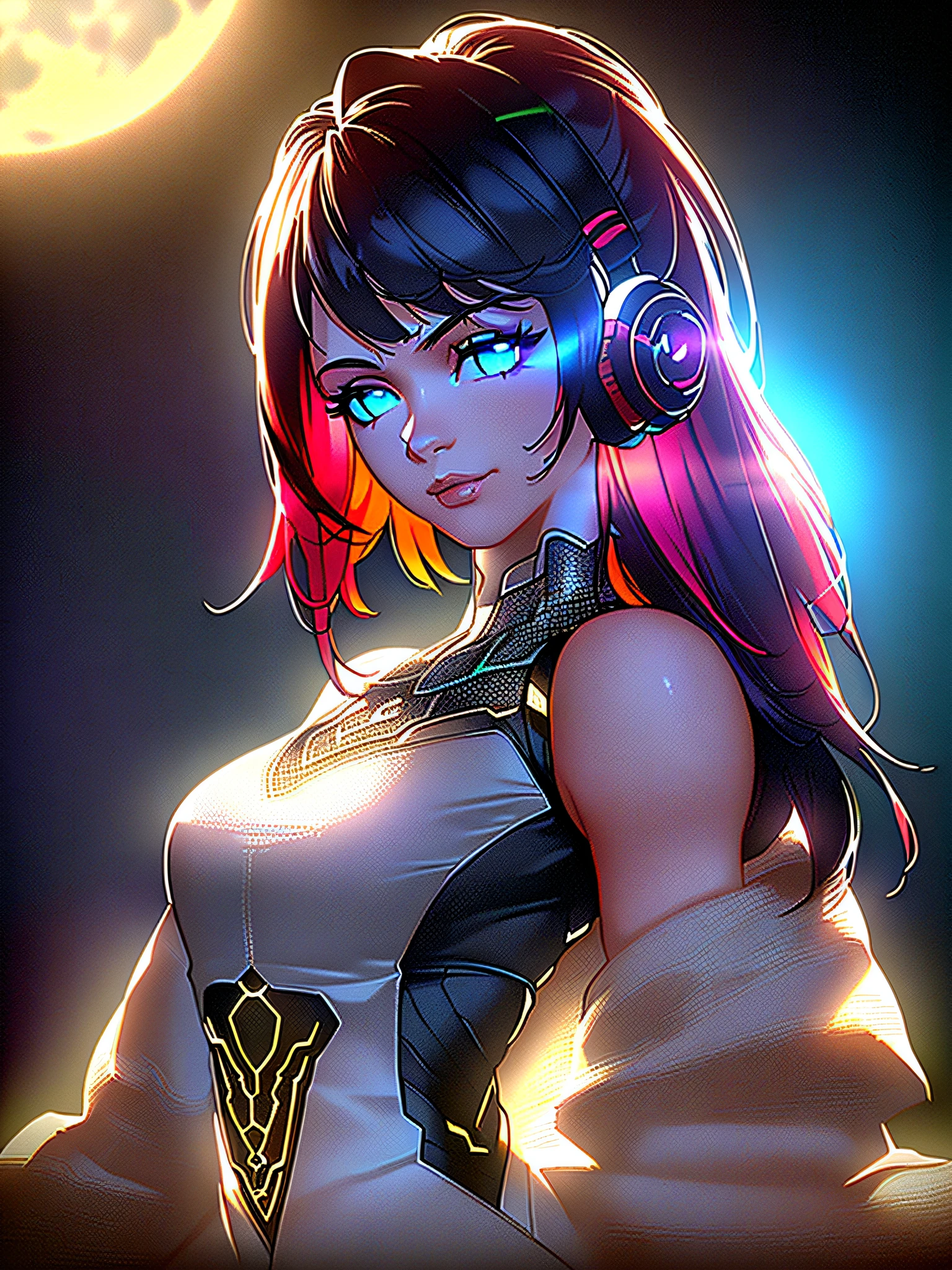 (On the moon, space, looking back into earth), Rainbow hair, Black tank top, voluminetric lighting, White jacket, glowing headphones, Cyberpunk, Futuristic, multi colored eyes, Detailed eyes, ultra - detailed,Light smile,

Highly detailed, Beautiful, small detailed, Ultra detailed, Best quality, Intricate, hyper photorealism, Sharp, Digital illustration, Detailed, Realism, Intricate, 4K, 8K, trending on artstationh, Good ???????, Beautiful lighting, Award-winning, Photorealistic, Realistic shadows, Realistic lighting, Beautiful lighting, Ray traching, Intricate details, Moody, Rule of thirds, Masterpiece, (illustration:1.1), A high resolution, (Extremely detailed CG, Unity, 8K wallpaper:1.1), Beautiful face, Highly detailed face,  Ultra photo realsisim, Masterpiece, Bokeh, Extremely detailed, Intricate, zoomout,

Colorful, Vibrant colors, Red nail polish, Side view,