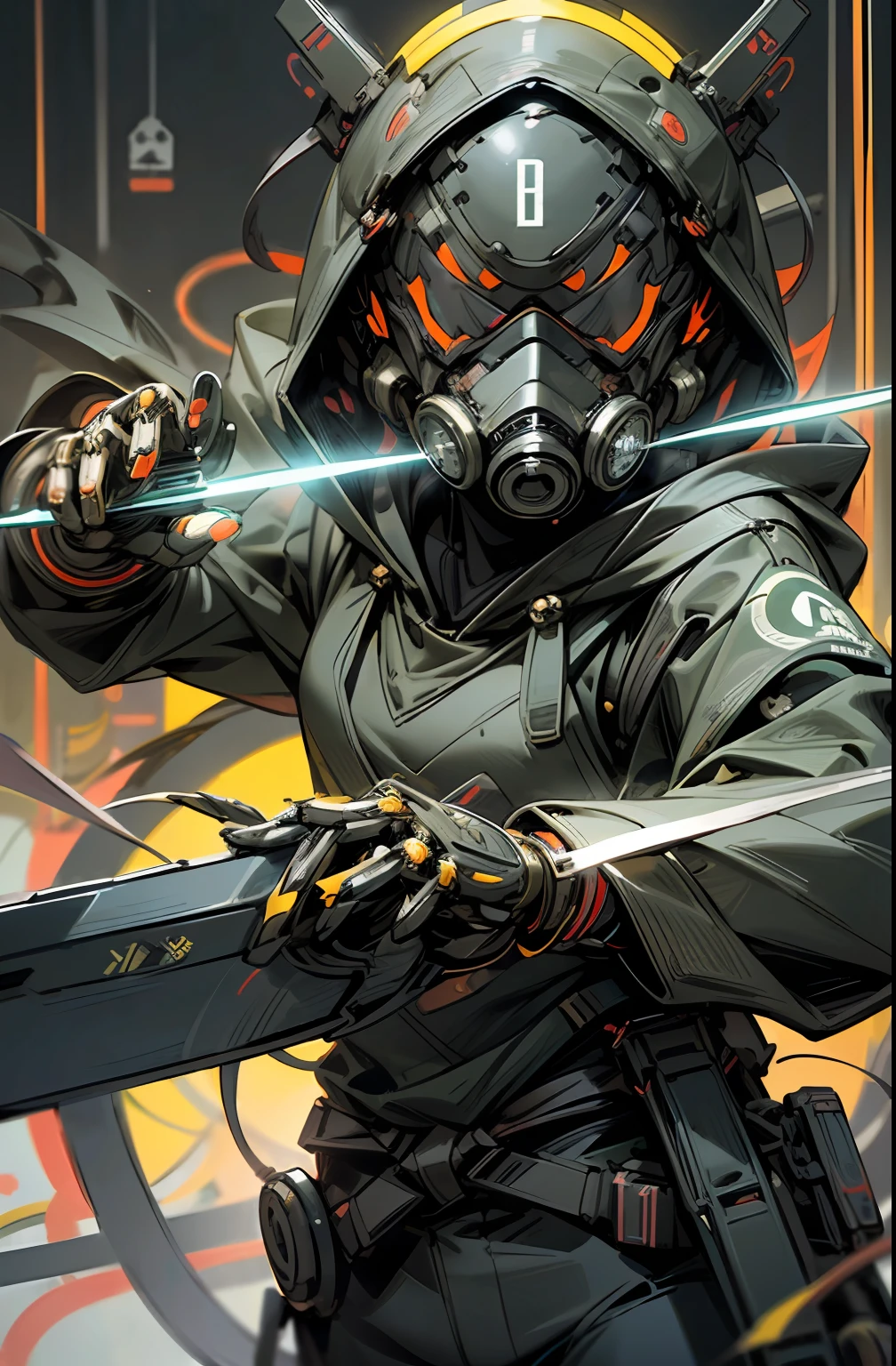 (Face Zoom)、(gas masks:1.3)、(Circle of Angels:1.2)、(neon wires:1.2)、(Wearing a hood:1.2)、(((combat pose)))、(ninjartist:1.5)、colourfull、cyberpunked、(fantasy sword)、((1man))、Mechanical Marvel、Robot Presence、Cybernetic Guardian、((​masterpiece、top-quality、Beautiful、detaileds))