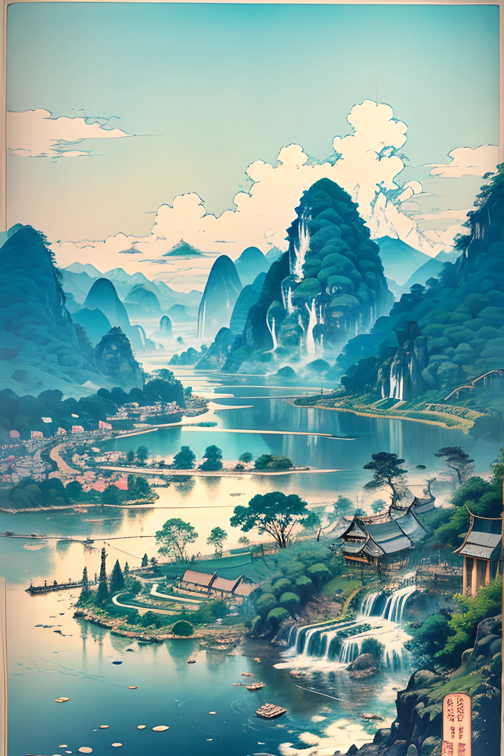 Guilin, Guangxi，A spring morning，A large area of blue sky overlooks the independent mountain peaks，Floating white clouds，Layers of rice paddies，Cascading terraces，Lake surface，，a color，textured，patterned，Beautiful artistic prints