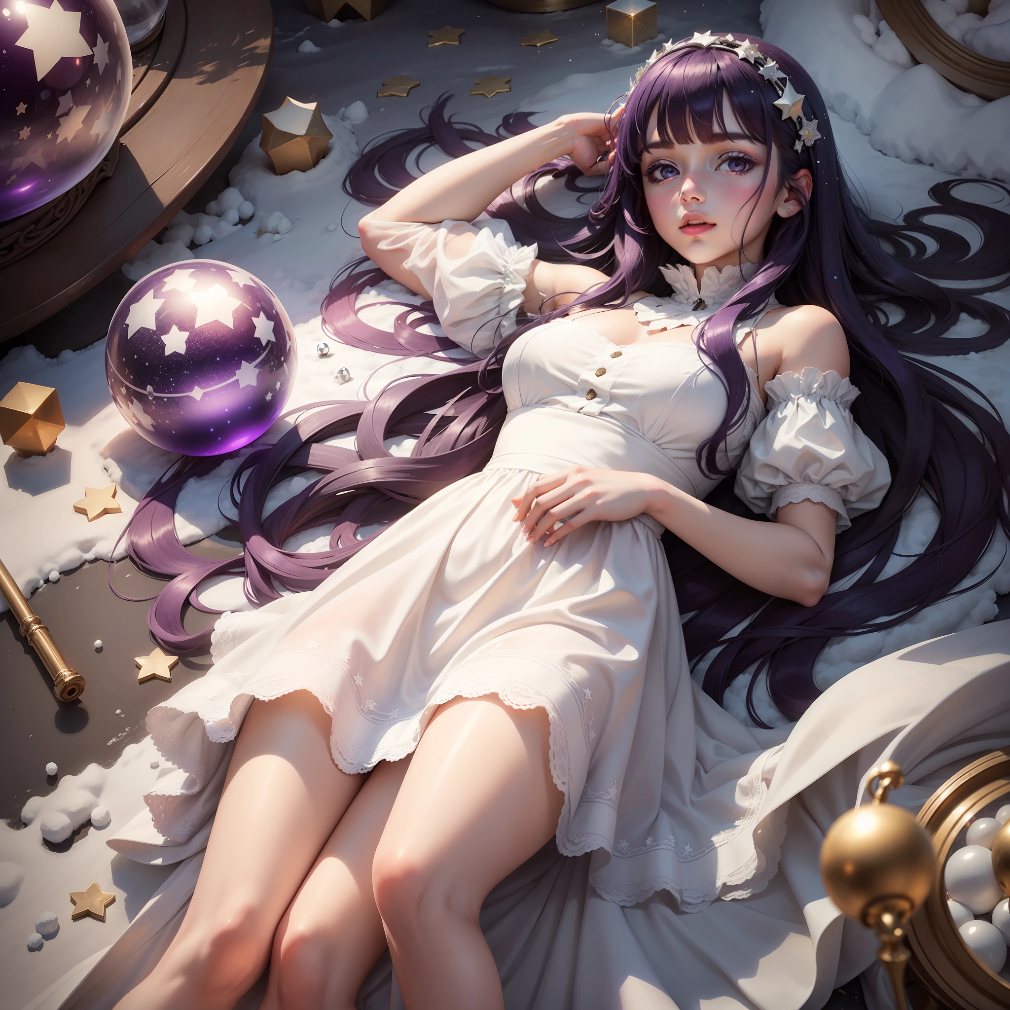 1girl, lying on the snow in a white dress, she has long dark purple hair, around her there are glass balls and in these balls there are stars
