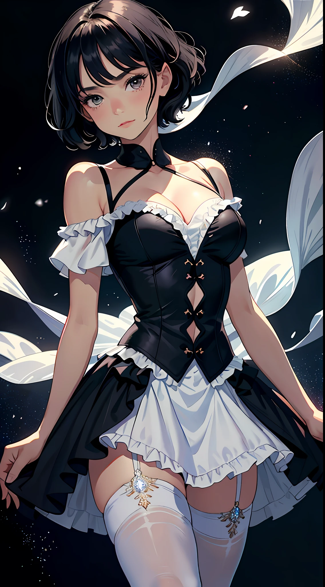 Best quality at best，tmasterpiece，1girll，10years old，Ballet costumes，The upper part of the body，closeup cleavage，with short black hair，big breasts beautiful，looking at viewert，ssmile，white stockings，particle fx，Off-the-shoulder attire，perspire，scowling，Black background