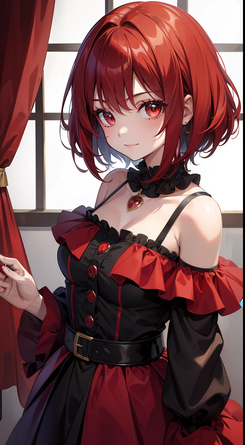girl, short black or red hair, The eyes are red, The King's Jester form, ssmile, Clown Makeover, Masterpiece, hiquality