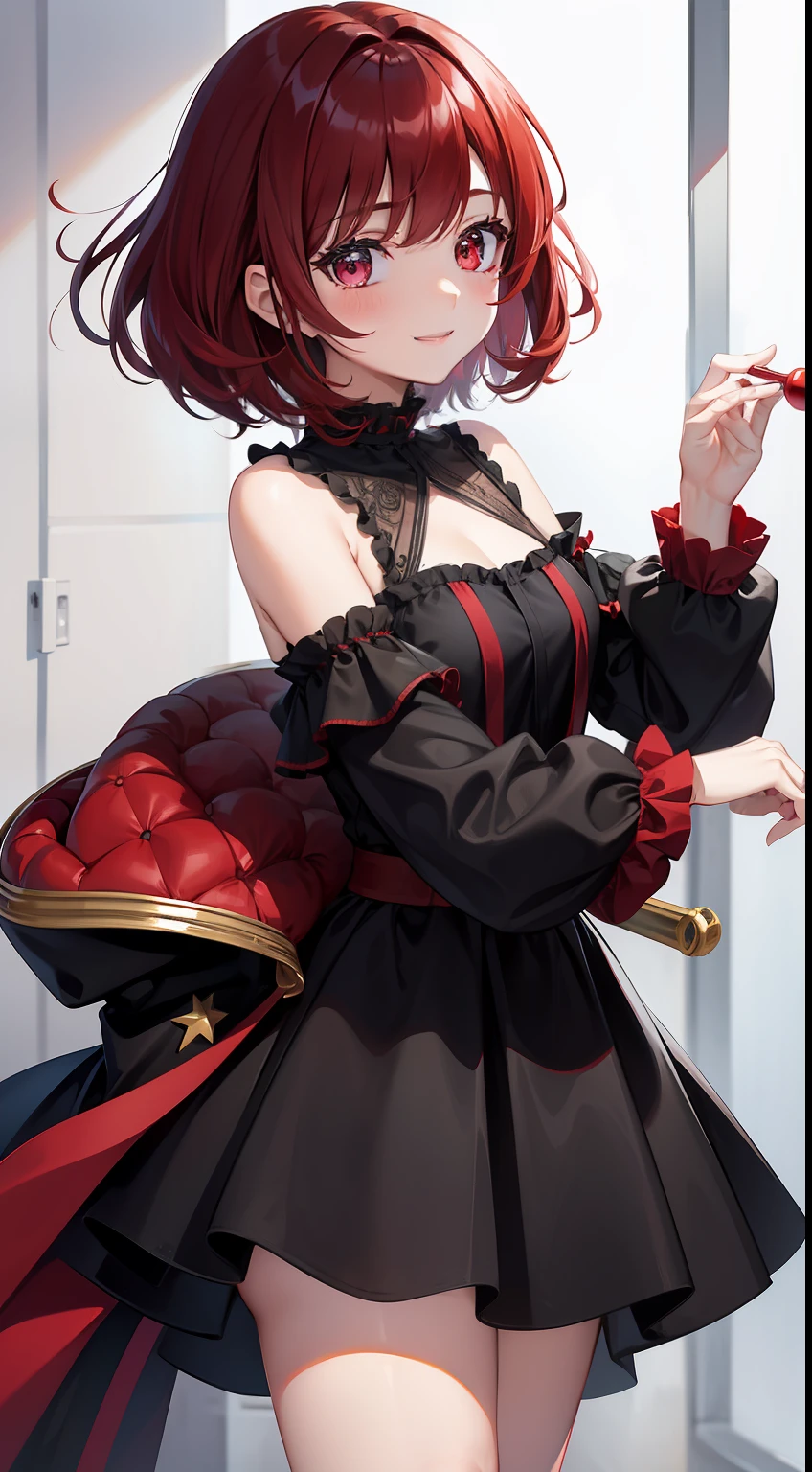 Young girl, short black or red hair, The eyes are red, The King's Jester form, ssmile, Clown Makeover, Masterpiece, hiquality