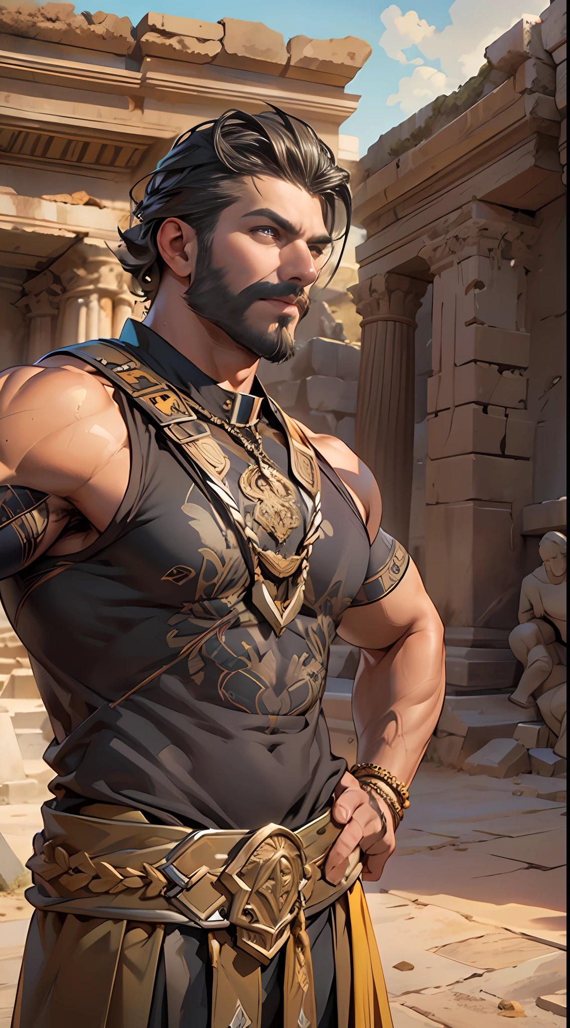 Sculpted hero, upper body uncovered, legs exposed from thighs to feet, bearded with beaded facial hair, luxuriant long curls, intricate muscularity, photorealistic portrayal, 4K resolution. Background: Epic battlefield with ancient ruins.,32k uhd, best quality, masterpiece, super detail, high details