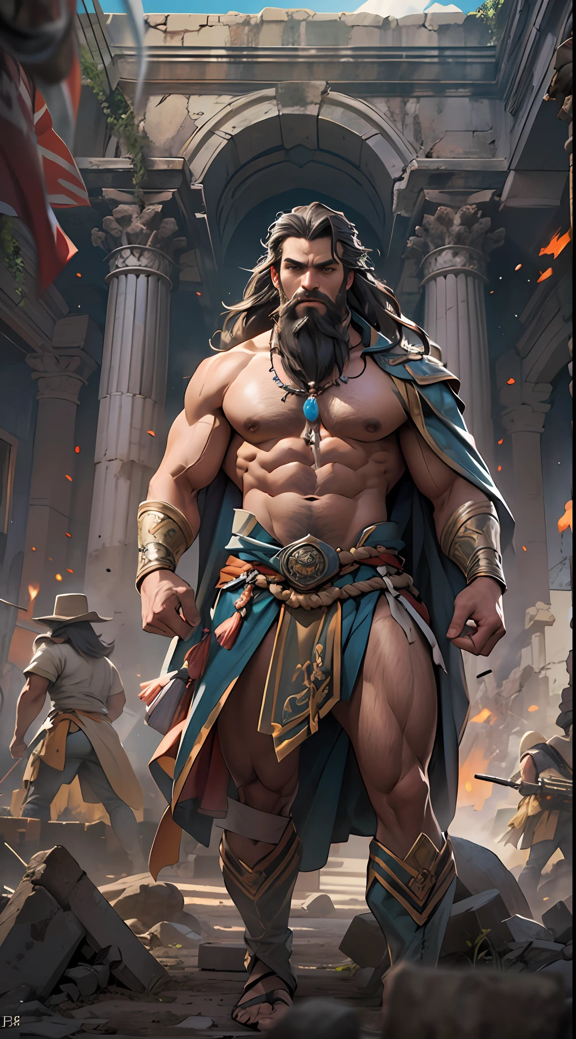 Sculpted hero, upper body uncovered, legs exposed from thighs to feet, bearded with beaded facial hair, luxuriant long curls, intricate muscularity, photorealistic portrayal, 4K resolution. Background: Epic battlefield with ancient ruins.,32k uhd, best quality, masterpiece, super detail, high details