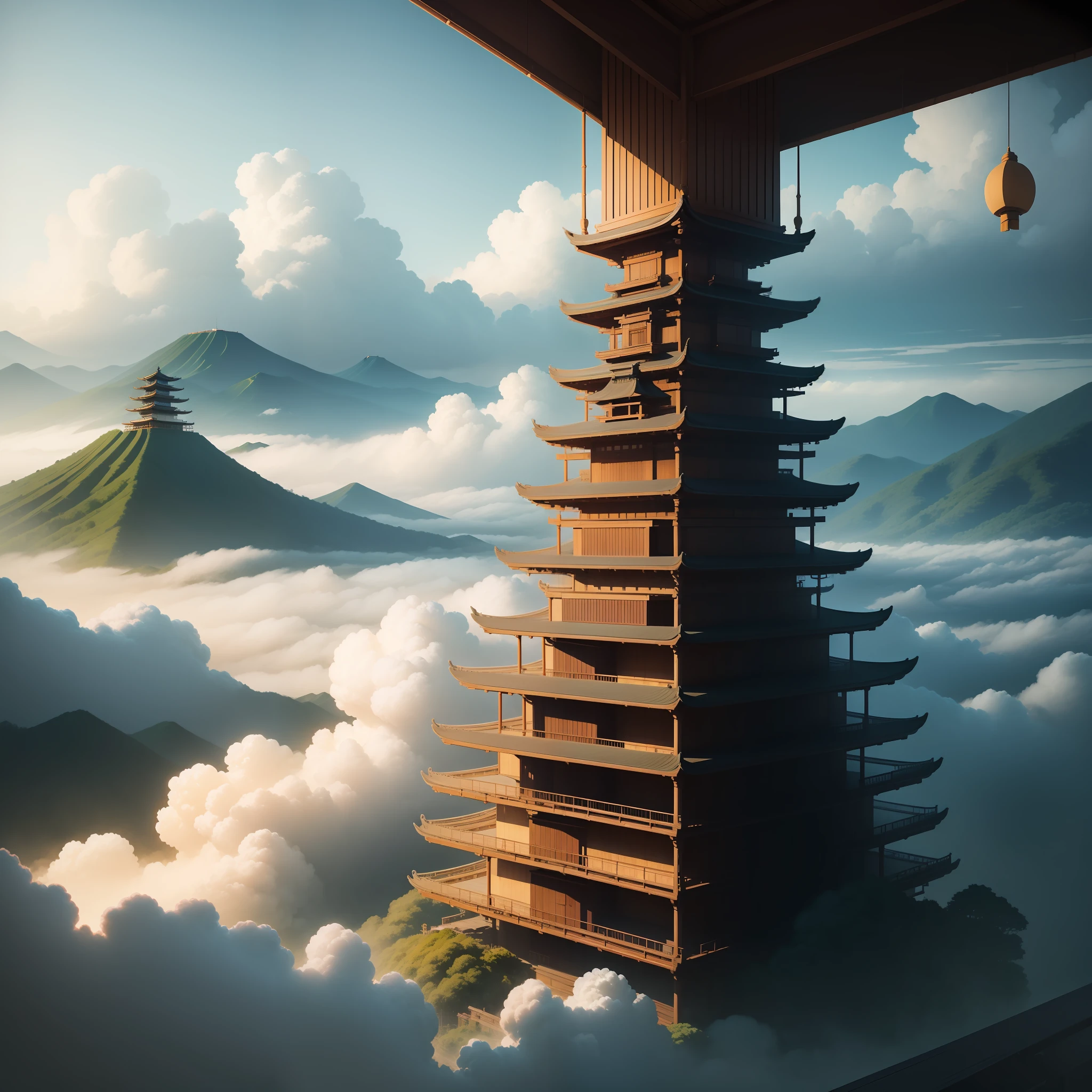 mdjrny-pprct, Japanese architecture, bamboo forest, landscape, sea of clouds, (high detail: 1.2)