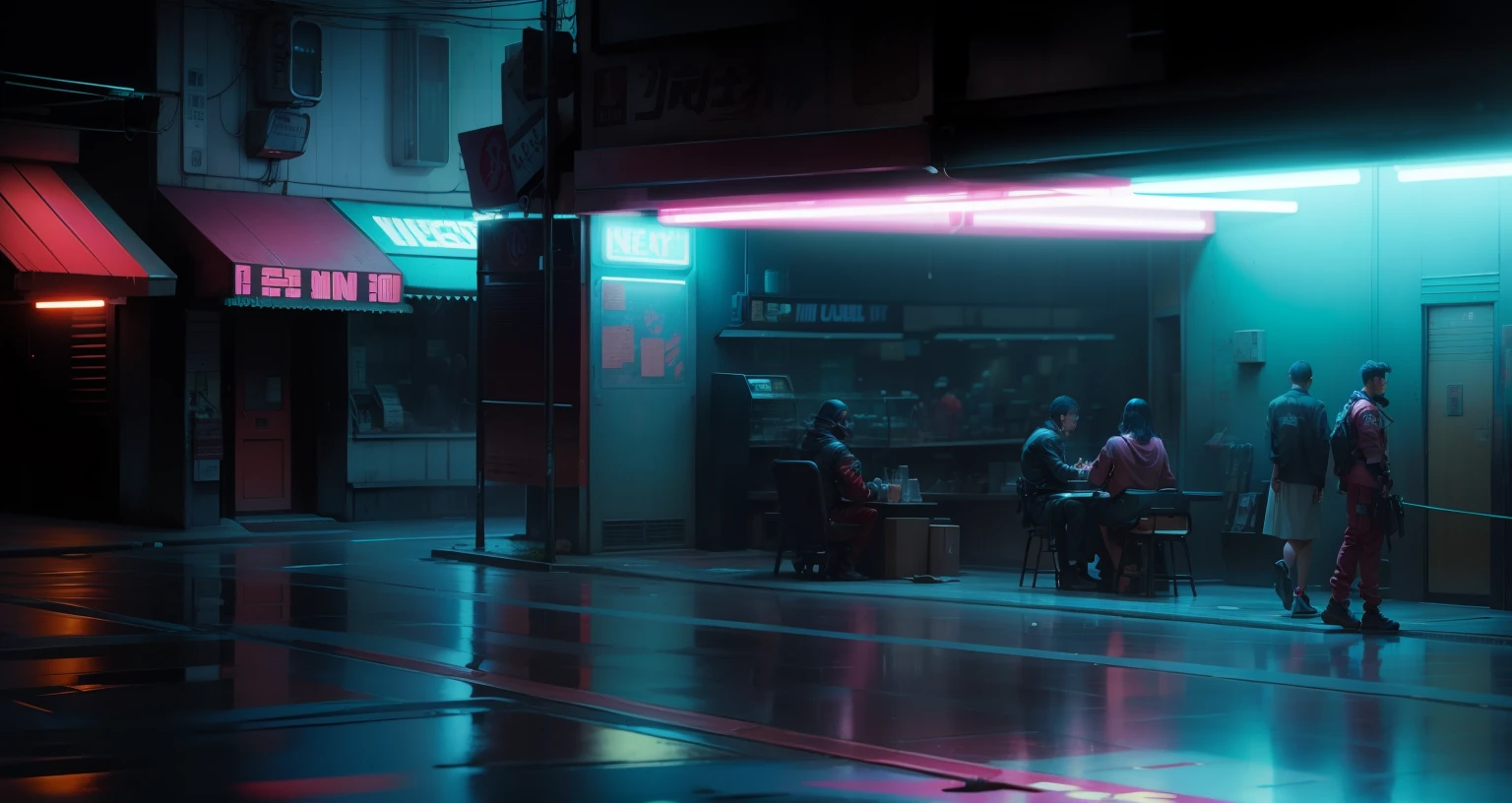 Neotokyo, cyberpunk , neon lights, empty street, people in Philippines caffe