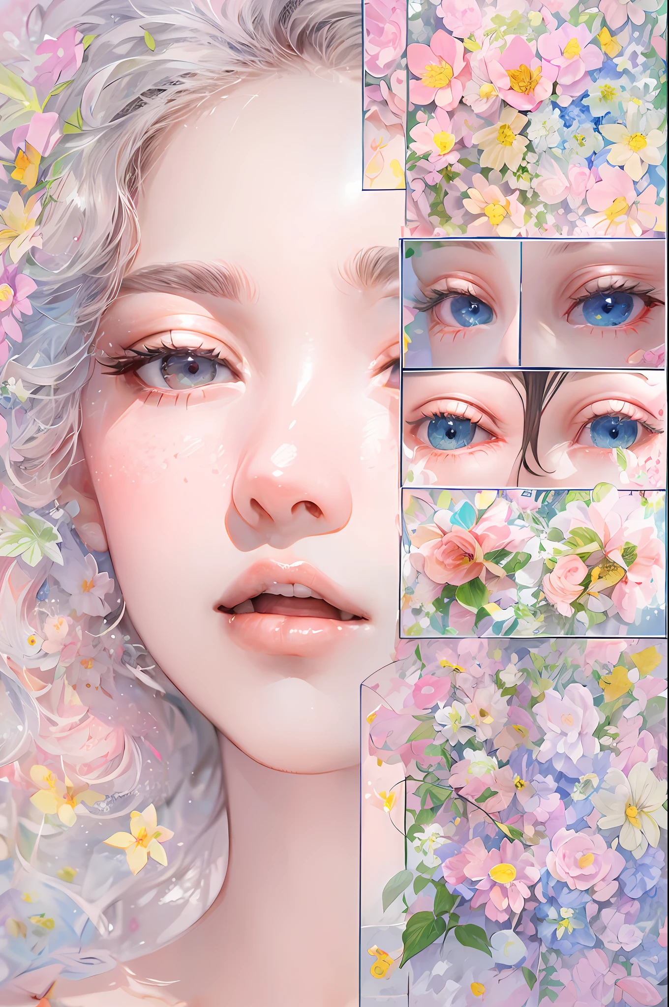Highlights of a combined day:1.5),  A mysterious mosaic work in which a woman combines photographs and paintings。Combining multiple photos and paintings of a woman kissing a single flower。Each photo and painting is small。effect///Fluffy pastel colors.fine brushes, Rough, detailed watercolour, soft and fantastic, pastel, Fluffy, (extremely fine and beautiful), (perfect  detail)、(pastel color),Soft texture:1.2.(masutepiece, Best Quality), (finely detailed beautiful eye), (finely detailed  eyes and detailed face),The tones are also visibly luminous.Pale blurred contours