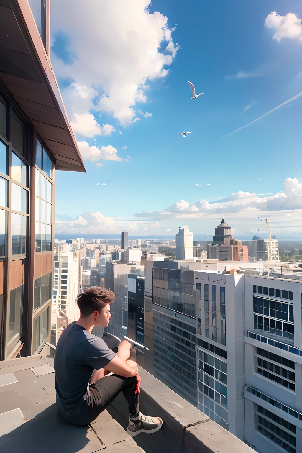 A young man sitting on the edge of a building looking at the Horizon on this horizon has the sun with various clouds and birds,em uma Cidade muito movimentada