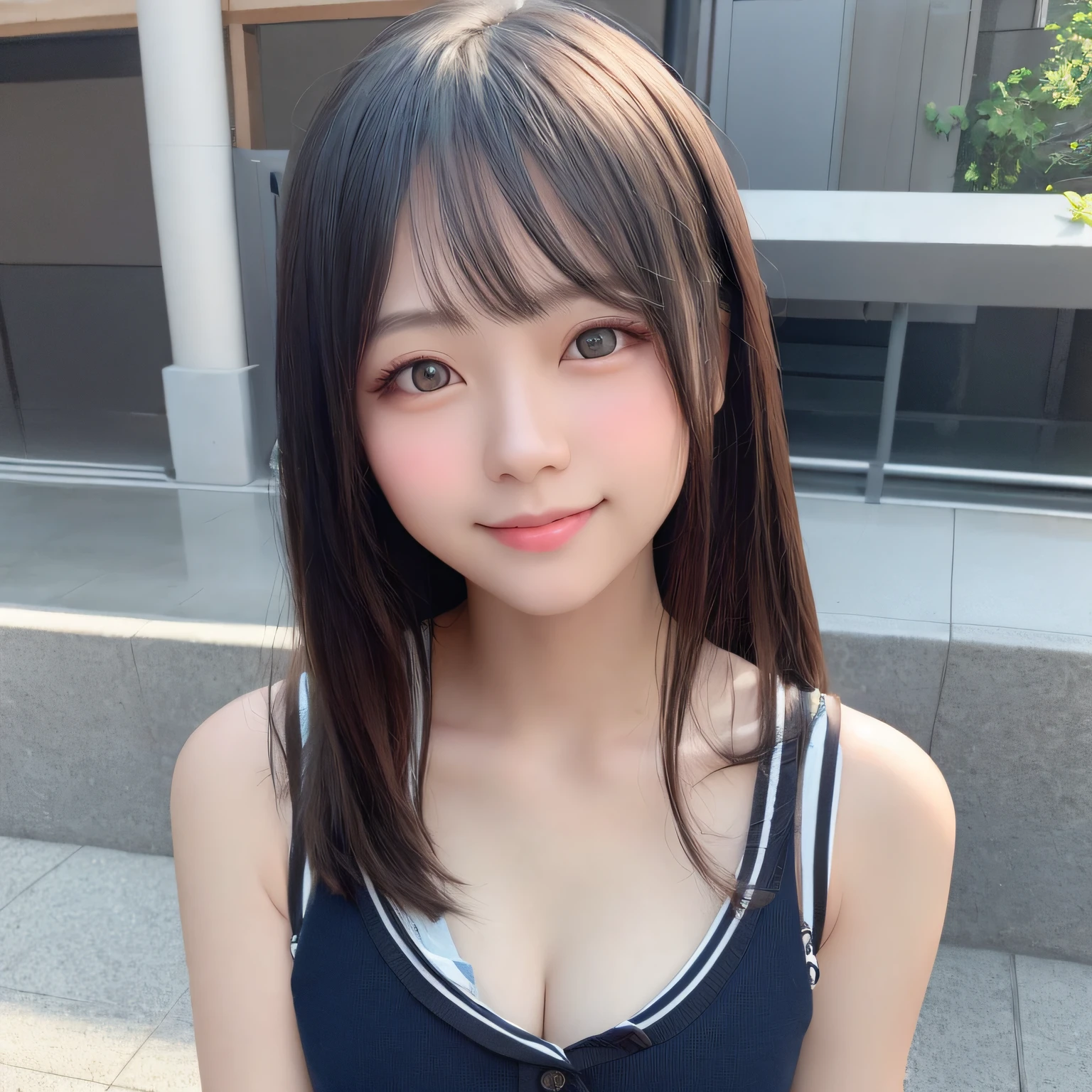 (top-quality、masterpiece), 1 Beautiful Ultimate Cute Beautiful Girl、A smile、Mouth slightly open、small tits、Shyness、red blush、Japan schoolgirl uniform,toppless、cleavage of the breast、Bright background,The upper part of the body、 Jade Eyes、black and very long hair、bangss、Highly detailed facial and skin texture、Realistic human skin、真实感、photos realistic、Professional color correction、natural soft light、looking at the viewers, depth of fields、model shoot tyle、Sleeveless、Show shoulders、