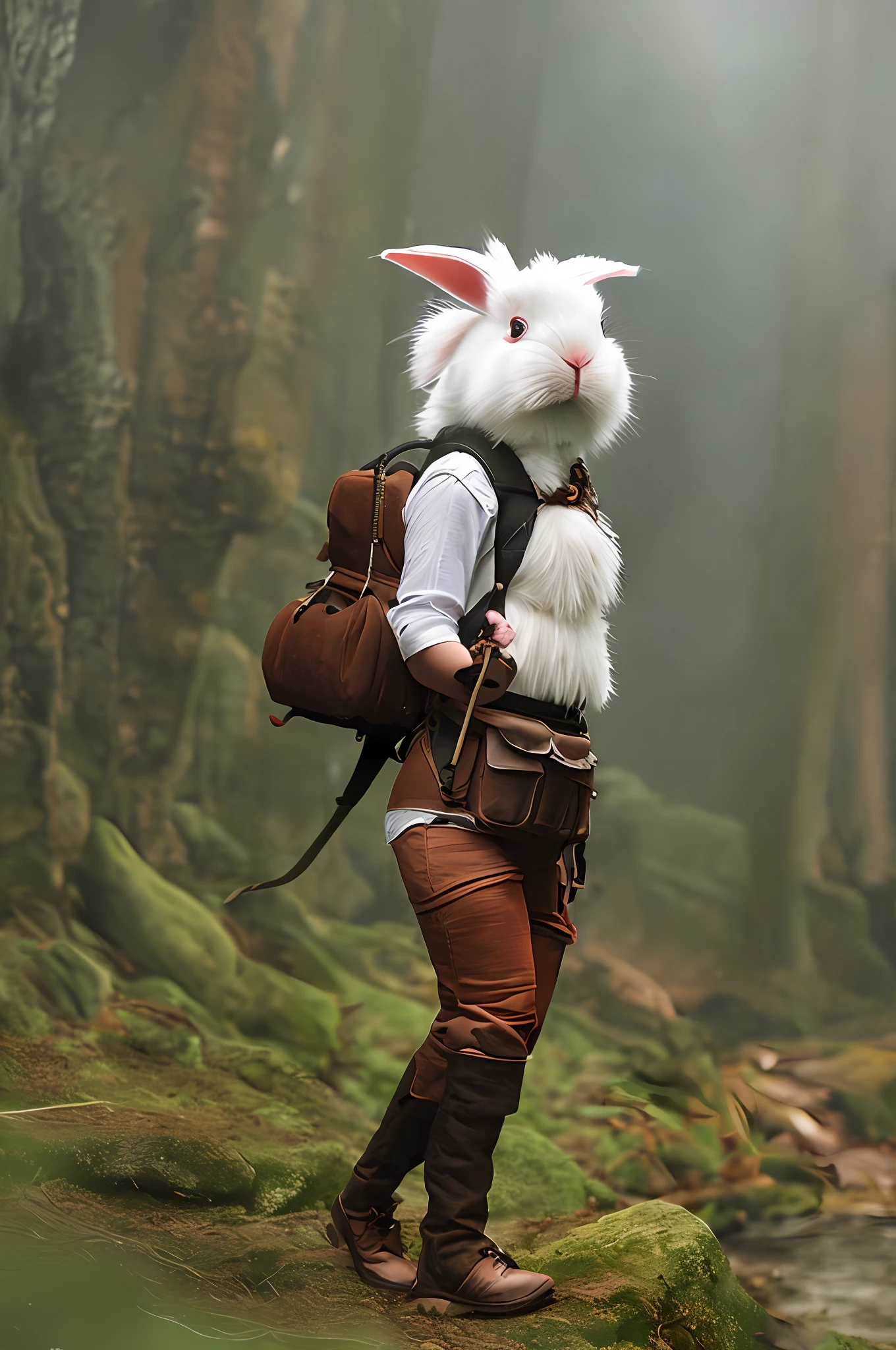 Classic Negative Portrait Photography、Fantasy video game character concept art、Cute white fluffy rabbit carrying small brown leather backpack looking at map、Hiking through the forest、Dungeon and Dragon、Fantasia、a river、Haze、Halation、florals、Dramatic atmosphere、1970s Darkness Fantasy Movies、middle、thirds rule、steampunc