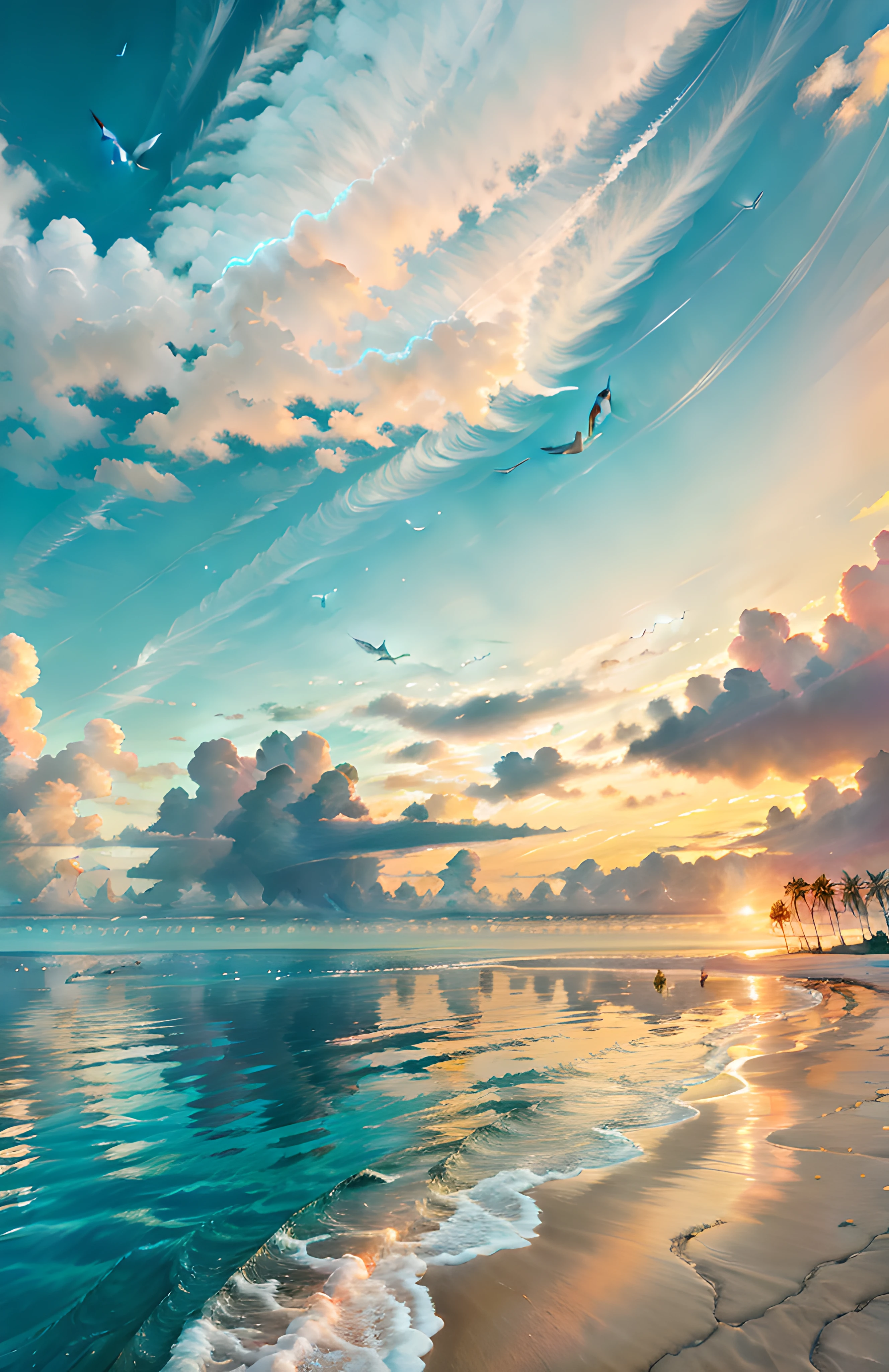The beach is covered with colorful transparent smooth stones: 1.5, an absolutely mesmerizing sunset on the beach with a mix of orange, pink and yellow in the sky. The water is crystal clear, gently kissing the shore, and the white sand beach stretches as far as the eye can see. The scene is dynamic and breathtaking, with seagulls soaring high in the sky and palm trees gently swaying. Soak up the calming atmosphere and let tranquility envelop you.