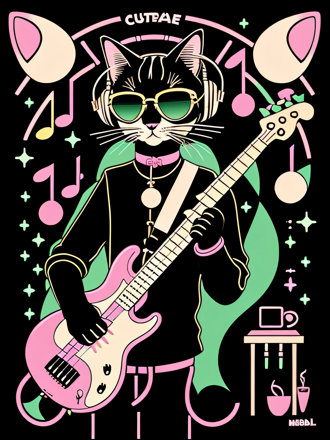 whimsical Vector-art of a (cat_playing_a_bass_guitar_with_headphones_and_sunglasses_ 1.3), set in a fantastical and dreamy world. Depict the cat with a dreamy and magical expression, surrounded by musical notes and sparkling stars. Use soft and pastel colors to create a sense of enchantment and wonder. The bass guitar can be embellished with playful and imaginative details, like musical-themed patterns or motifs. This style should evoke a sense of musical fantasy, where the cat's music creates a magical atmosphere, isolated, black background, in the style of 0mib