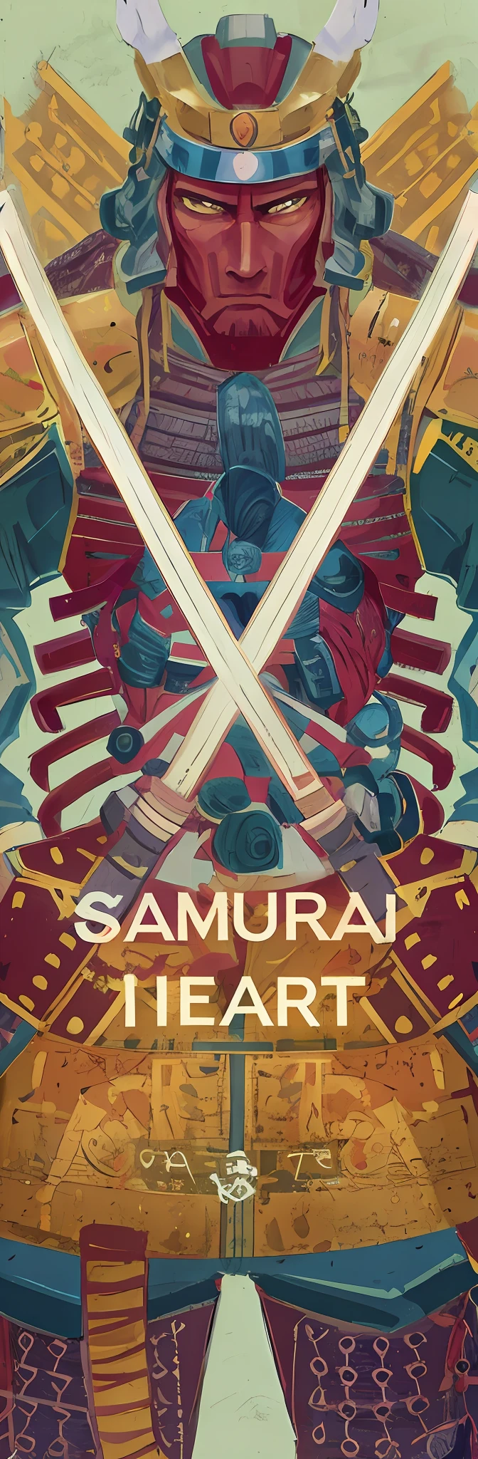 《Samurai Heart》filmposter,Two swords crossed,Samurai,Samurai of Japan,Samurai vinyl packaging,samurai duel,Samurai style,samurai warrior,samurai champloo,Sanraku Kano inspiration,samurai portrait,samurai jedi,dressed in samurai armour,Samurai armor,African flair,toad samurai。