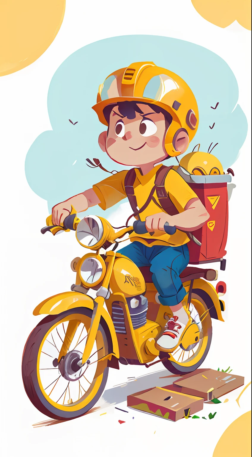 Flat illustration，Yellow delivery guy，Riding a yellow motor，helmet on，white backgrounid，Medium Shot Shot，8K，perfect  detail
