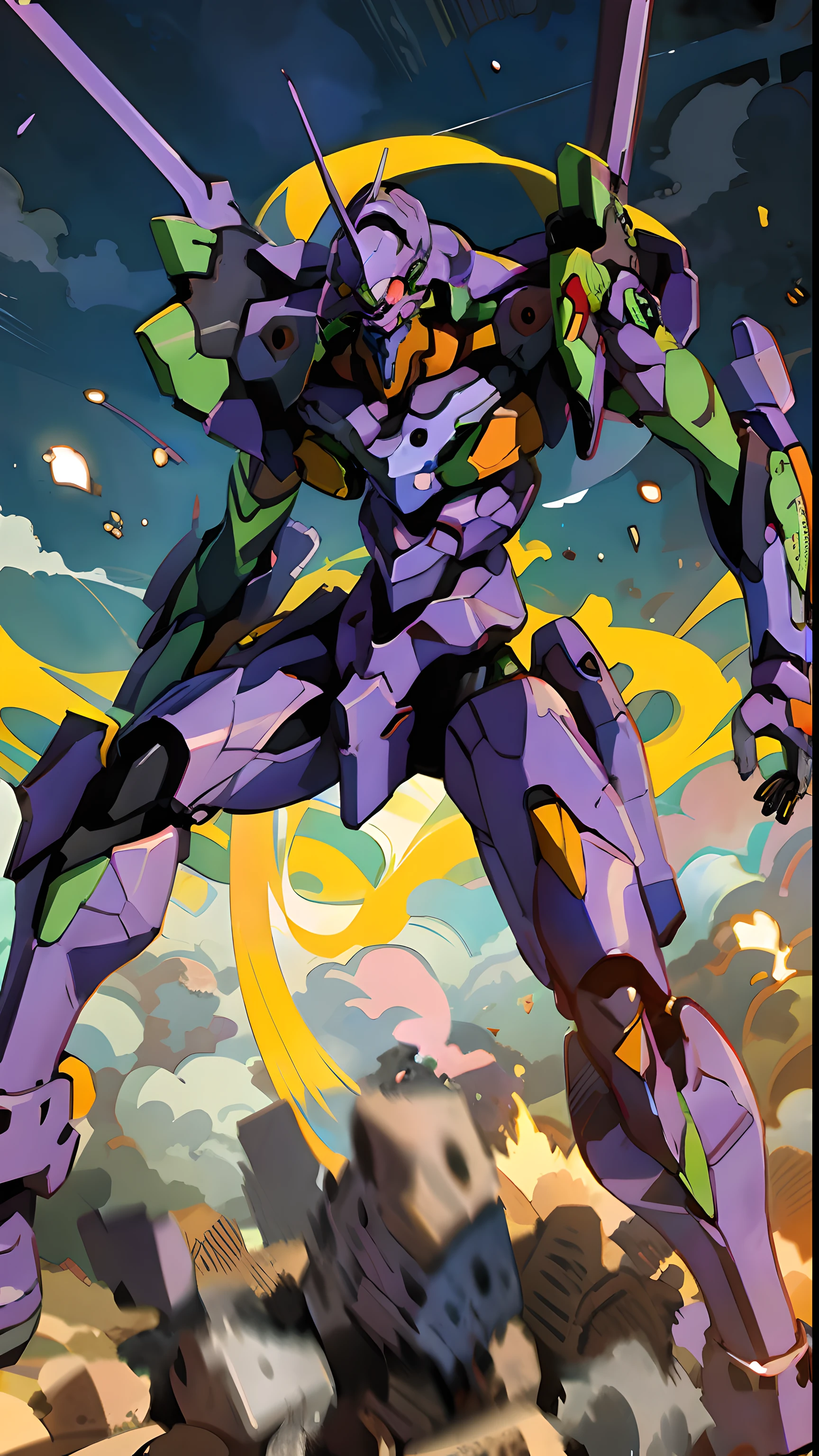 Eva 01,EVA 01,EVA, Eva, Evangelion mecha, (official art, best quality, masterpiece: 1.2), Illustrations, high resolution, beautiful abstract background, futuristic, sky, tech style, titanium, mecha, depth of field, wide angle, handheld weapon, fight, jump, rampage,