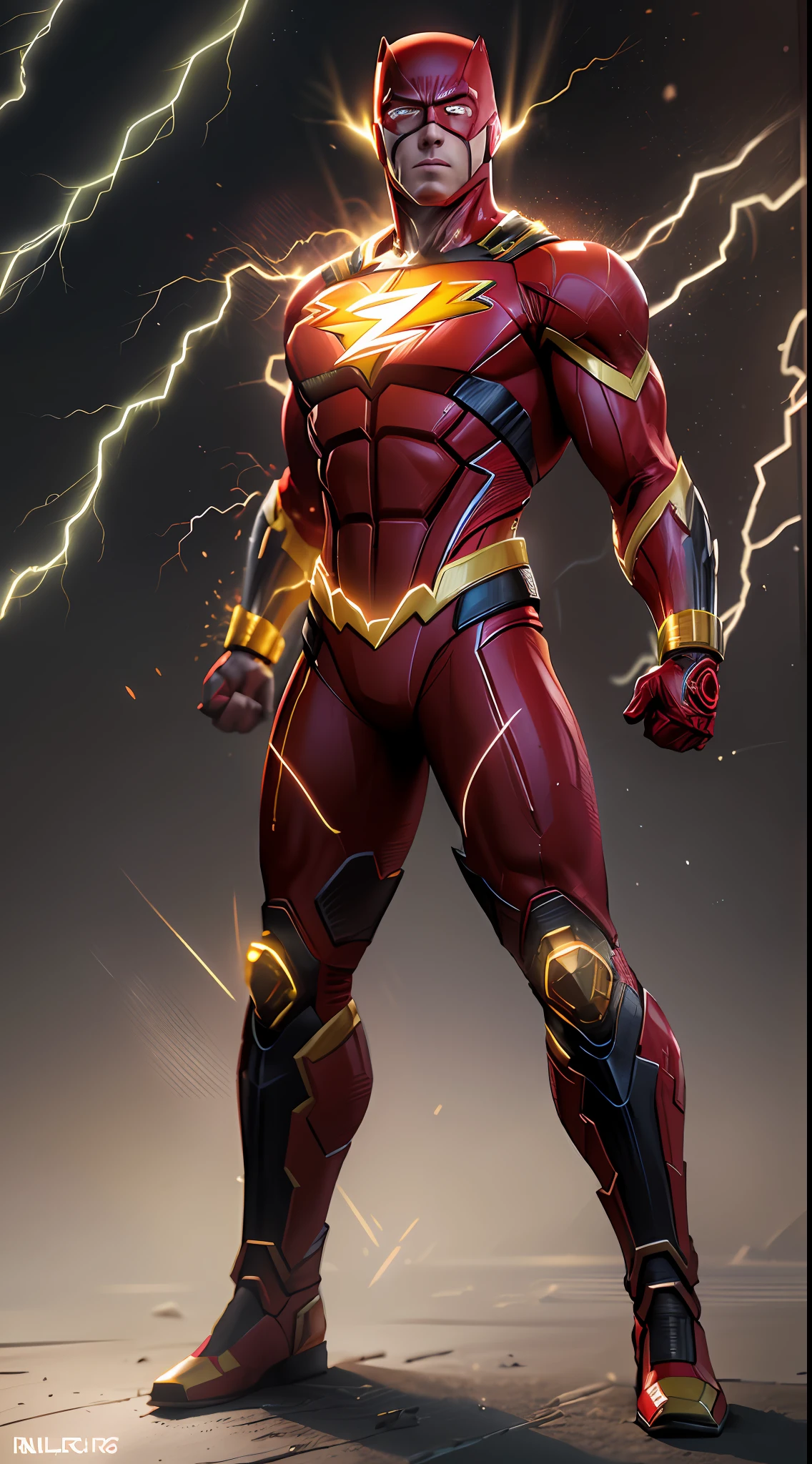 The Flash (Injustice 2), best quality, high resolution, tall, muscular, hunk, white plates and scarlet red neon suit, big glowing yellow eyes, standing powerfully pose, yellow lightning trail, detailed face, detailed suit, ultra detailed, masterpiece, tunnle of light in the background, 4k, raw photo, volumetric lighting, low camera angle