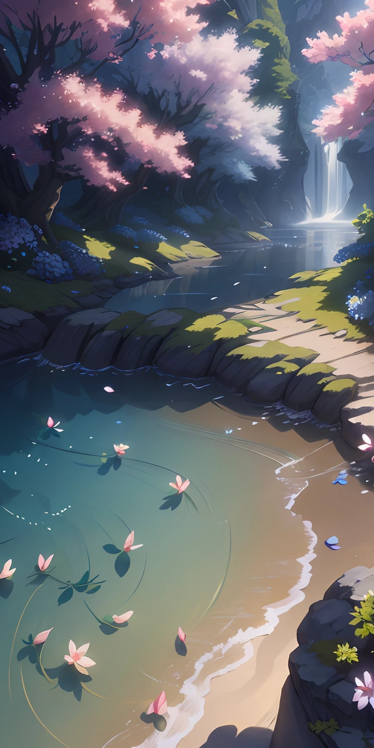 Masterpiece, best quality, (very detailed CG unity 8k wallpaper) (best quality), (best illustration), (best shadows) Nature', blue sea,delicate leaves petals of various colors falling in the air light Tracking, super detailed --v6