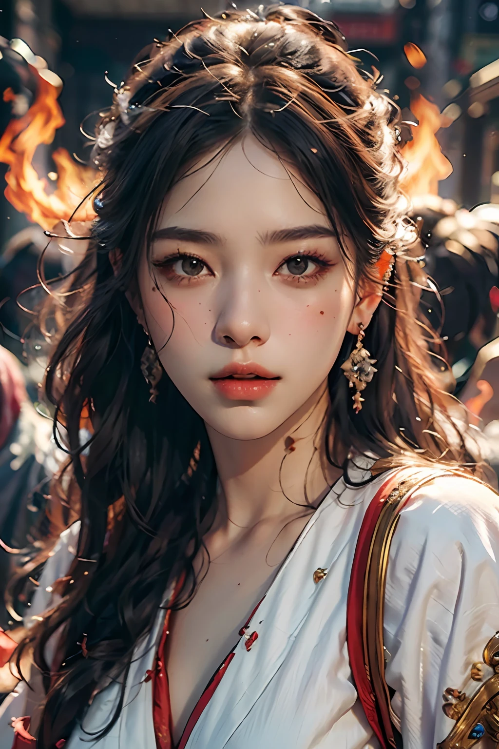 Best quality,masterpiece,ultra high res,(photorealistic:1.4)1girl,beautiful_face,detailed skin,full body,yuhuoshu,jewelry,solo,earrings,(fire:1.3),blurry,realistic,lips,