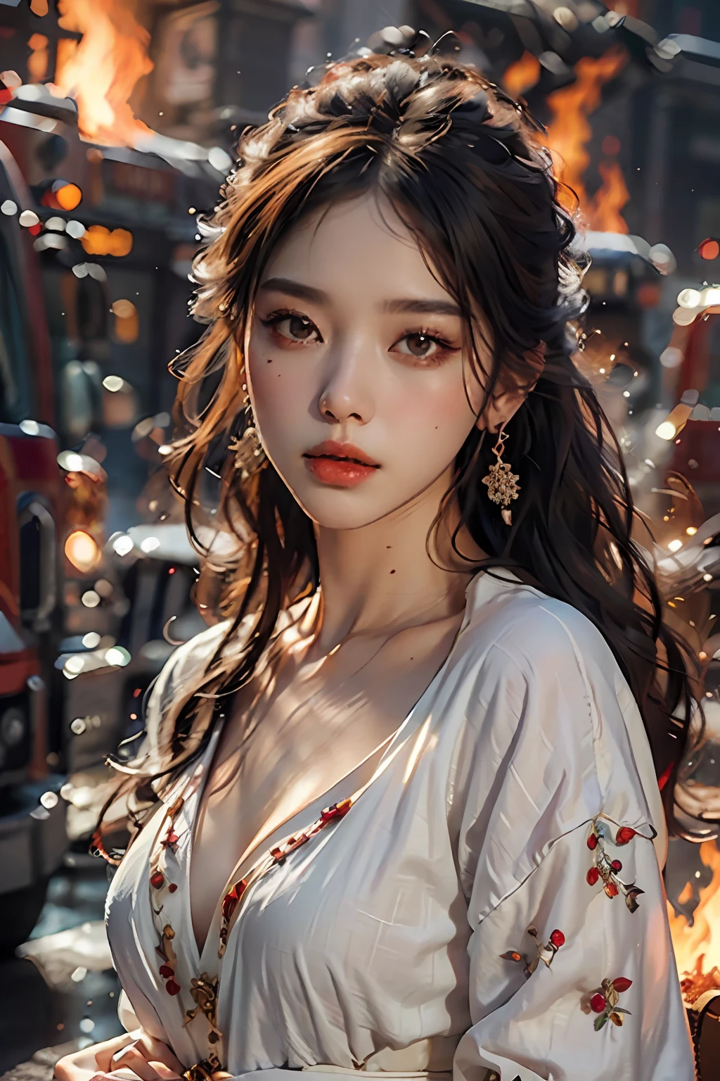 Best quality,masterpiece,ultra high res,(photorealistic:1.4)1girl,beautiful_face,detailed skin,full body,yuhuoshu,jewelry,solo,earrings,(fire:1.3),blurry,realistic,lips,