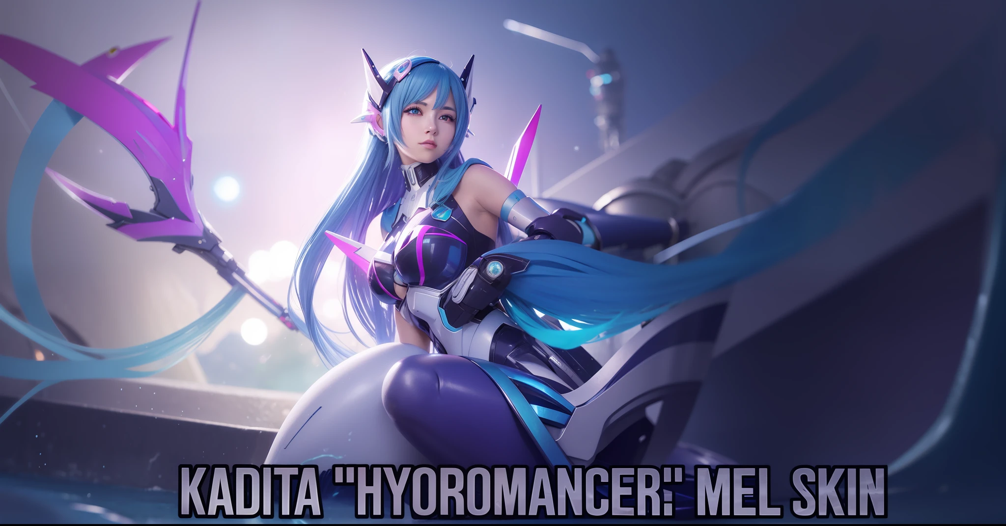 have a blue hair and mecha style, element water shes beautiful, have a pink trisula, shes mermaid and shes kadita Mermaid, in Water have a mecha ears