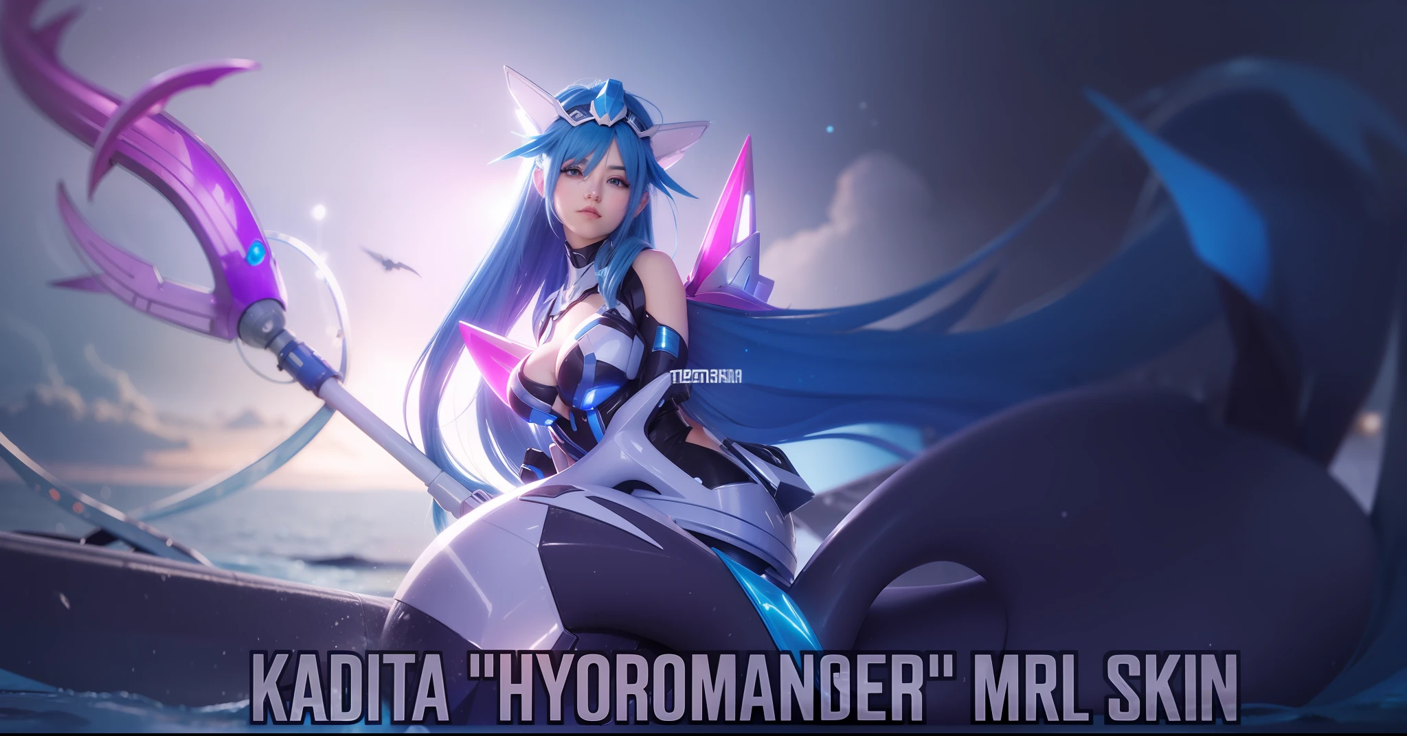 have a blue hair and mecha style, element water shes beautiful, have a pink trisula, shes mermaid and shes kadita Mermaid, in Water have a mecha ears