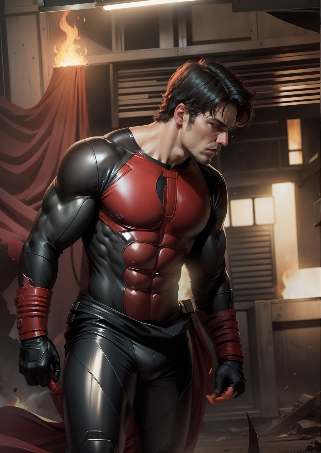 Chage background , make me daredevil , with black suit , make it war background, add some fire , make it realistic, make it darker , ad some sparkle