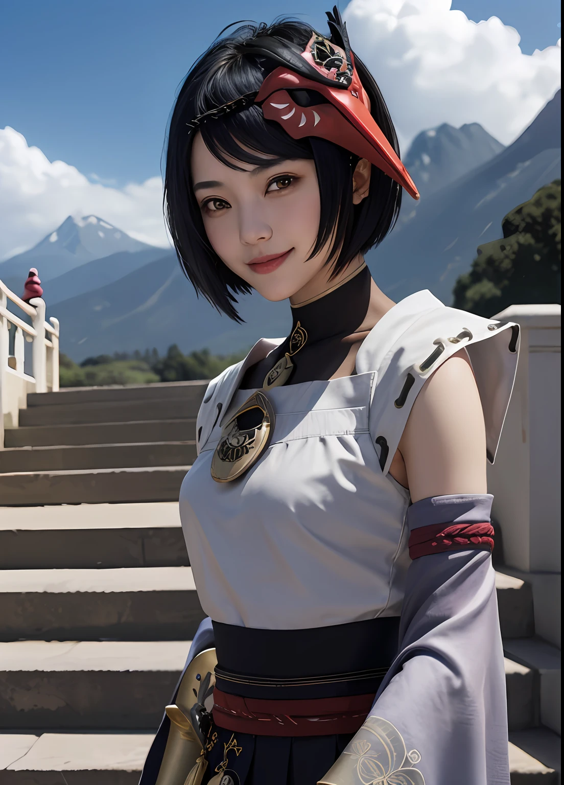 kujousaradef, upper body, smile, blush, outdoors, day, simple background, blue sky, short hair, sky, temple, looking at viewer, stairs, mountain, moody lighting, facing viewer,