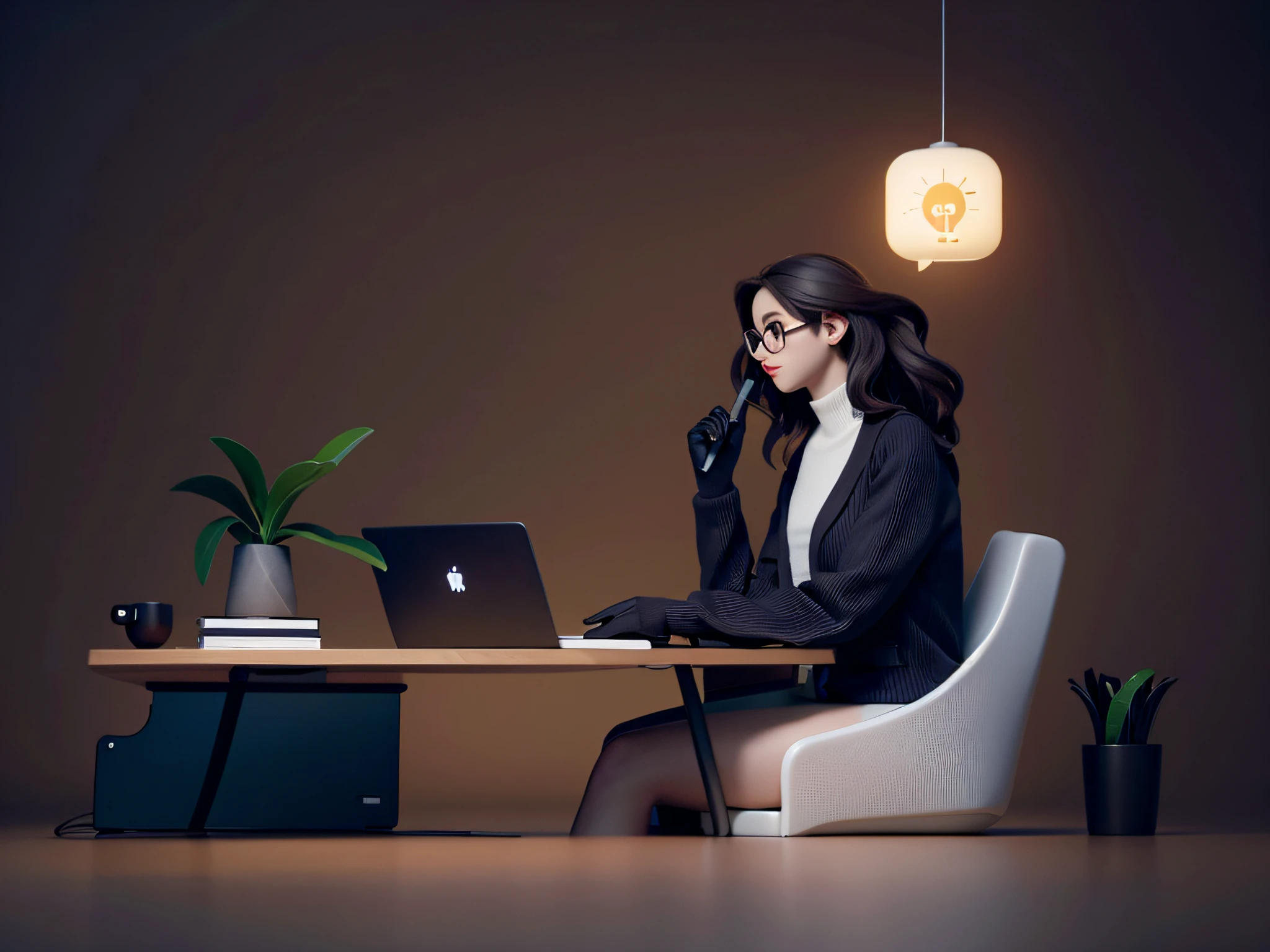 A woman sitting at her desk holding a laptop,3D illustration，3Drenderingof