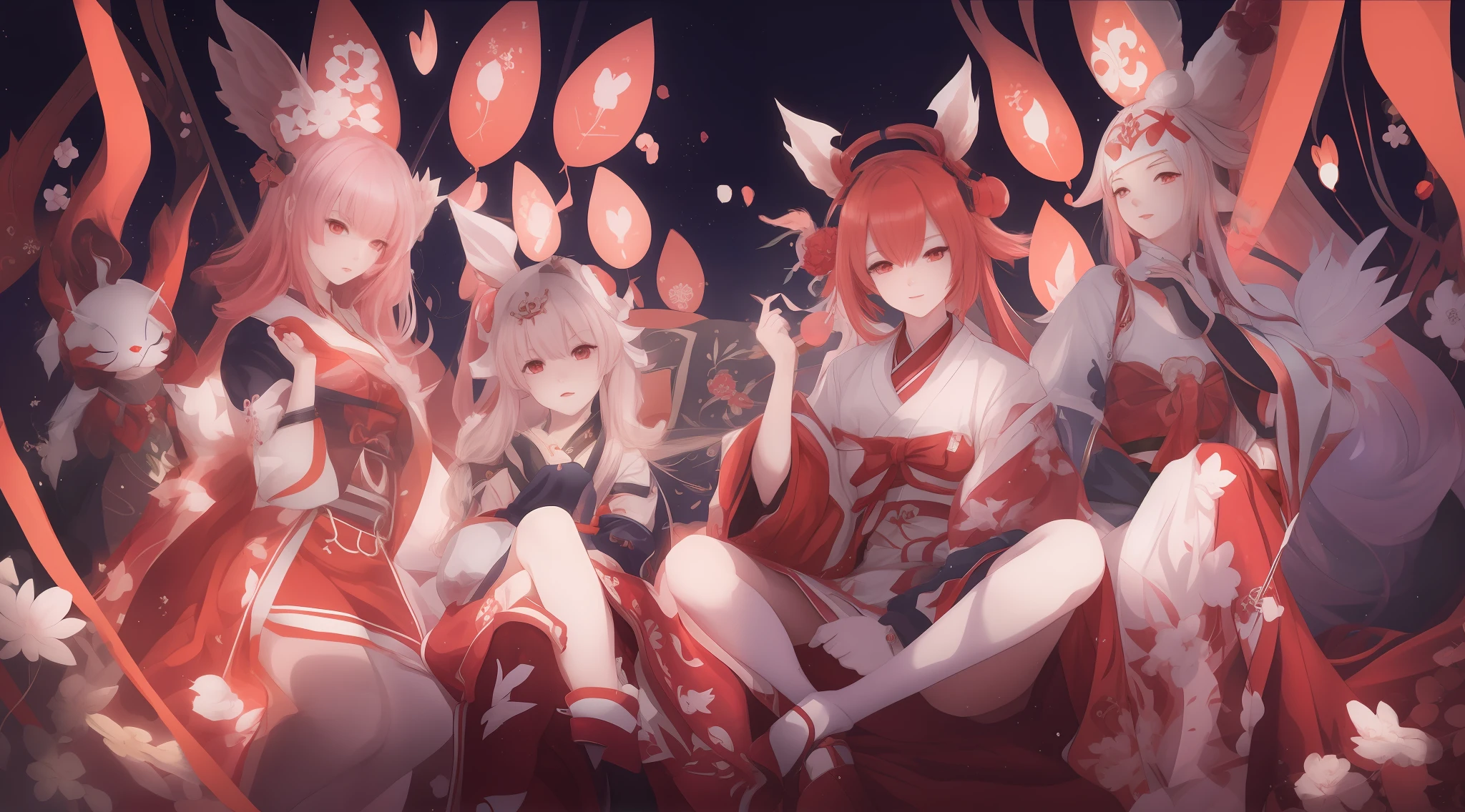 anime characters dressed in red and white are sitting on a bed, genshin, onmyoji, onmyoji detailed art, ayaka genshin impact, best anime 4k konachan wallpaper, anime style 4 k, anime art wallpaper 4 k, anime art wallpaper 4k, anime art wallpaper 8 k, characters from azur lane, from arknights