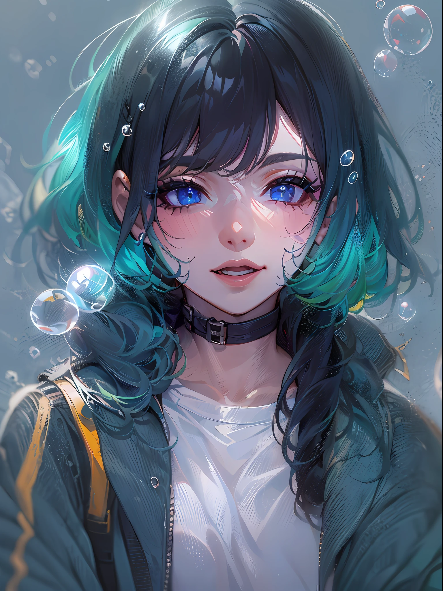 ((top-quality)), ((​masterpiece)), ((ultra-detailliert)), (extremely delicate and beautiful), girl with, 独奏, cold attitude,((Black jacket)),She is very(relax)with  the(Settled down)Looks,A dark-haired, depth of fields,evil smile,Bubble, under the water, Air bubble,bright light blue eyes,Inner color with black hair and light blue tips,Cold background,Bob Hair - Linear Art, shortpants、knee high socks、Camisole inner shirt、I have my hands in my pockets