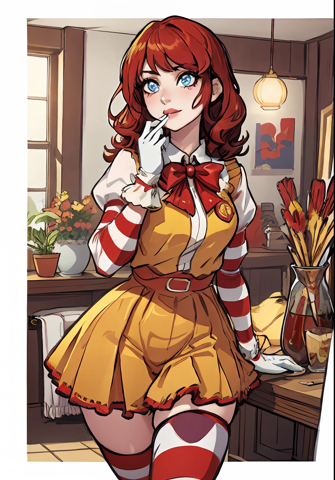 （Ronald Chen：1），astonishment，adolable，Cute pose，looking at viewert，thick thight，（yellow gloves，striped thighhighs，Striped sleeves），1girl，exquisite facial features，Hamburg in hand，
（realisticlying：1.2）， （hentail realism）， （tmasterpiece：1.2）， （best qualtiy）， （hyper-detailing）， （8k， 4k， 复杂）， （full body shot of：1），（cowboy lens：1.2）， （85mm）， light particules， illuminating， （highly details：1.2）， （Detailed face：1.2）， （Gradient）， SFW， a color，（Detailed eyes：1.2），
（Detailed lady view，dining room：1.2），（detailedbackground），detailed scenic view，（dynamic angle：1.2），（dynamicposes：1.2），（third_composition：1.3），（Action lines：1.2），wide wide shot，sunlights，独奏，