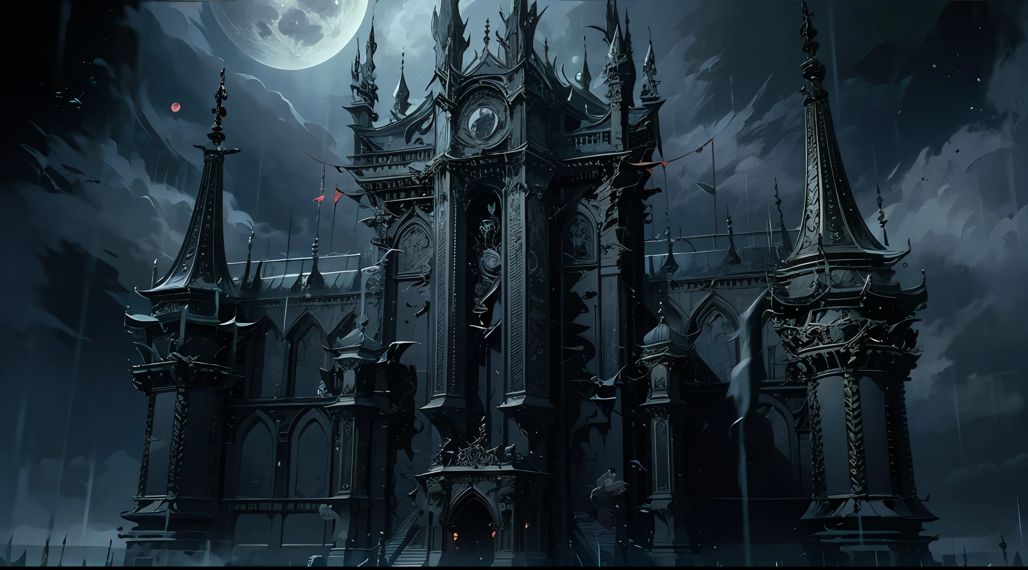 Dark, raiden, downpours,themoon，Black night，Fortress of fantasy，The magnificent castle of the towering Dracula, Spooky wrought iron doors, Magnificent epic luxury castle, Delicate details, the bats, Vampires，thin fog, The back of the figure outside the door, Shoot the lens at a low angle, Gothic art, projected inset, Wide shot, hyper HD, Masterpiece, Textured skin, Super detail, High details, High quality, Award-Awarded, Best quality, A high resolution, 8K