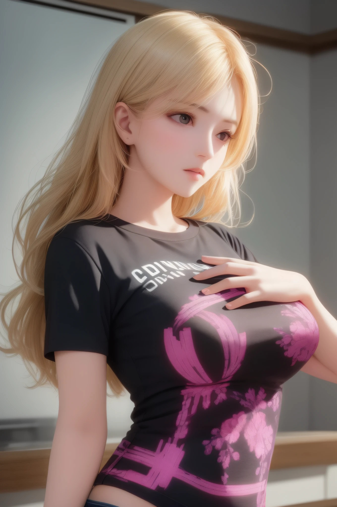 Best quality, masterpiece, super high resolution, (fidelity: 1.4), original photo, 1girl, mature, pink top, cinematic lighting