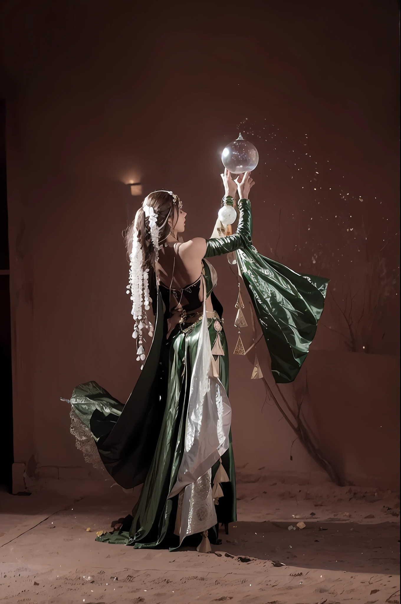 arafed woman in a green dress holding a white and brown object, female mage conjuring a spell, a sorceress casting a ice ball, fantasy character photo, the sorceress casting a fireball, maya ali as a d&d sorcerer, forest elf bard playing lute, an arcane wizard casting a spell