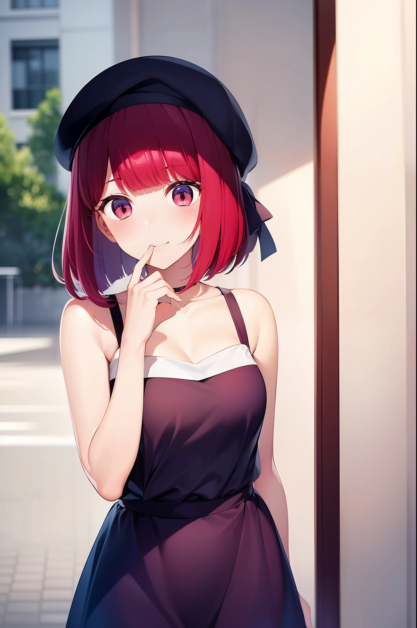 1 girl, graduation bob, straight short hair,  mediumvioletred hair, mediumvioletred eyes, big droopy eyes, small beret, high school