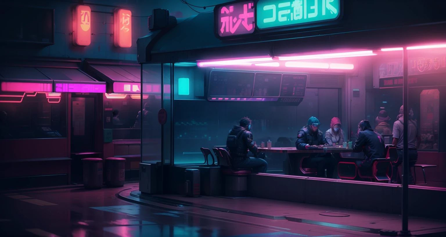 Neotokyo, cyberpunk , neon lights, empty street, people in open diner , atmosphere of ness