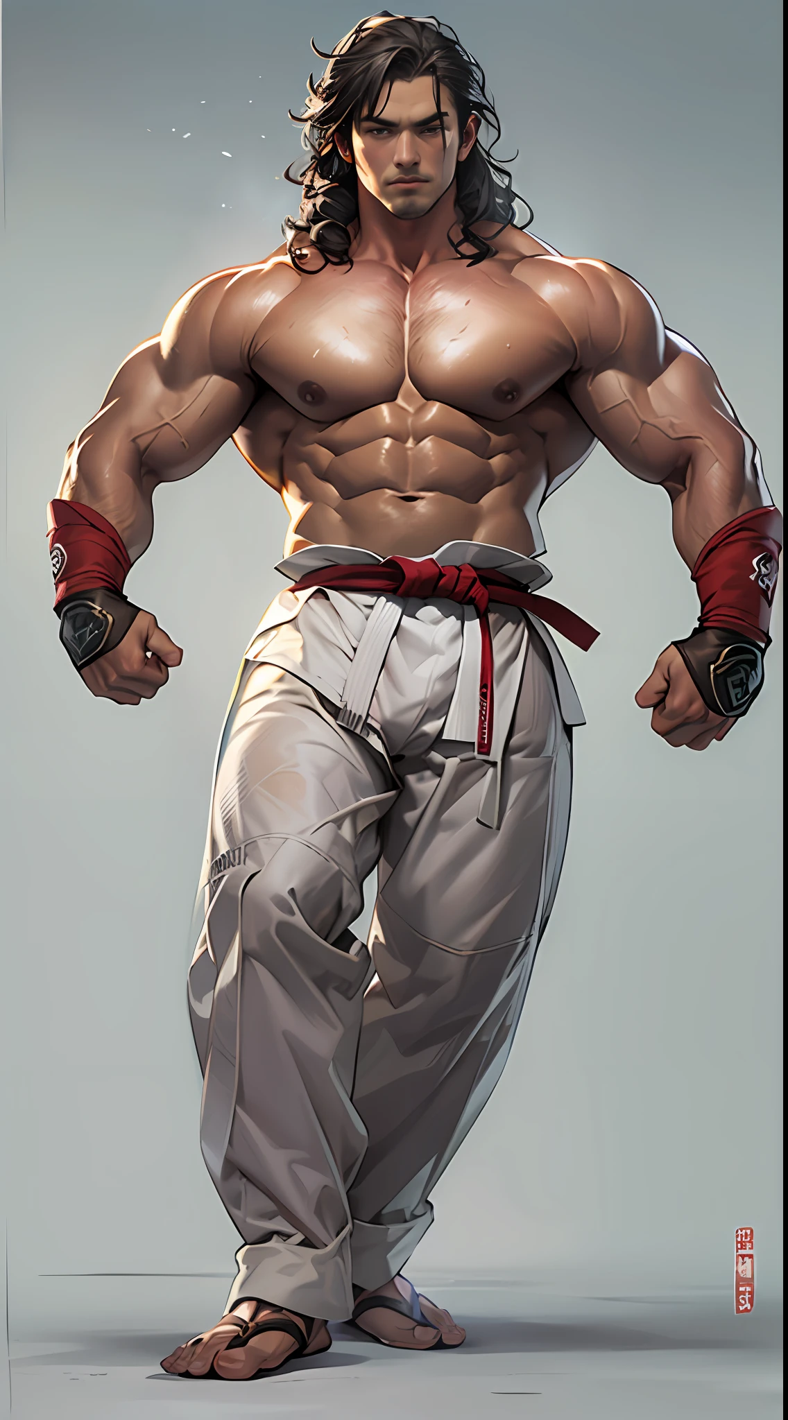 Mighty fighter, chest exposed, lower body unclothed from thighs to feet, flowing long curls, detailed muscular physique, photorealistic depiction, 4K resolution. Background: Martial arts dojo,32k uhd, best quality, masterpiece, super detail, high details