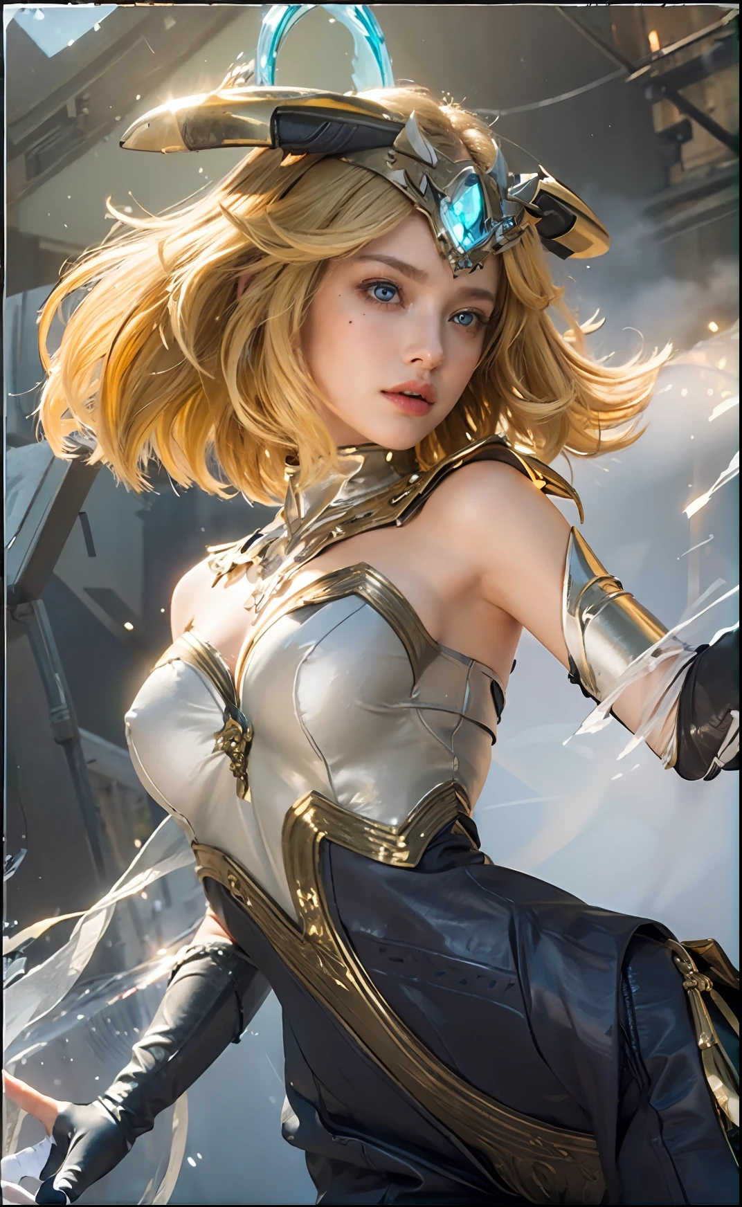 Best quality, masterpiece, ultra high res, (photorealistic:1.7), raw photo, 1girl, solo, blonde hair, breasts, medium breasts, blue eyes, gloves, short hair, elbow gloves, bare shoulders