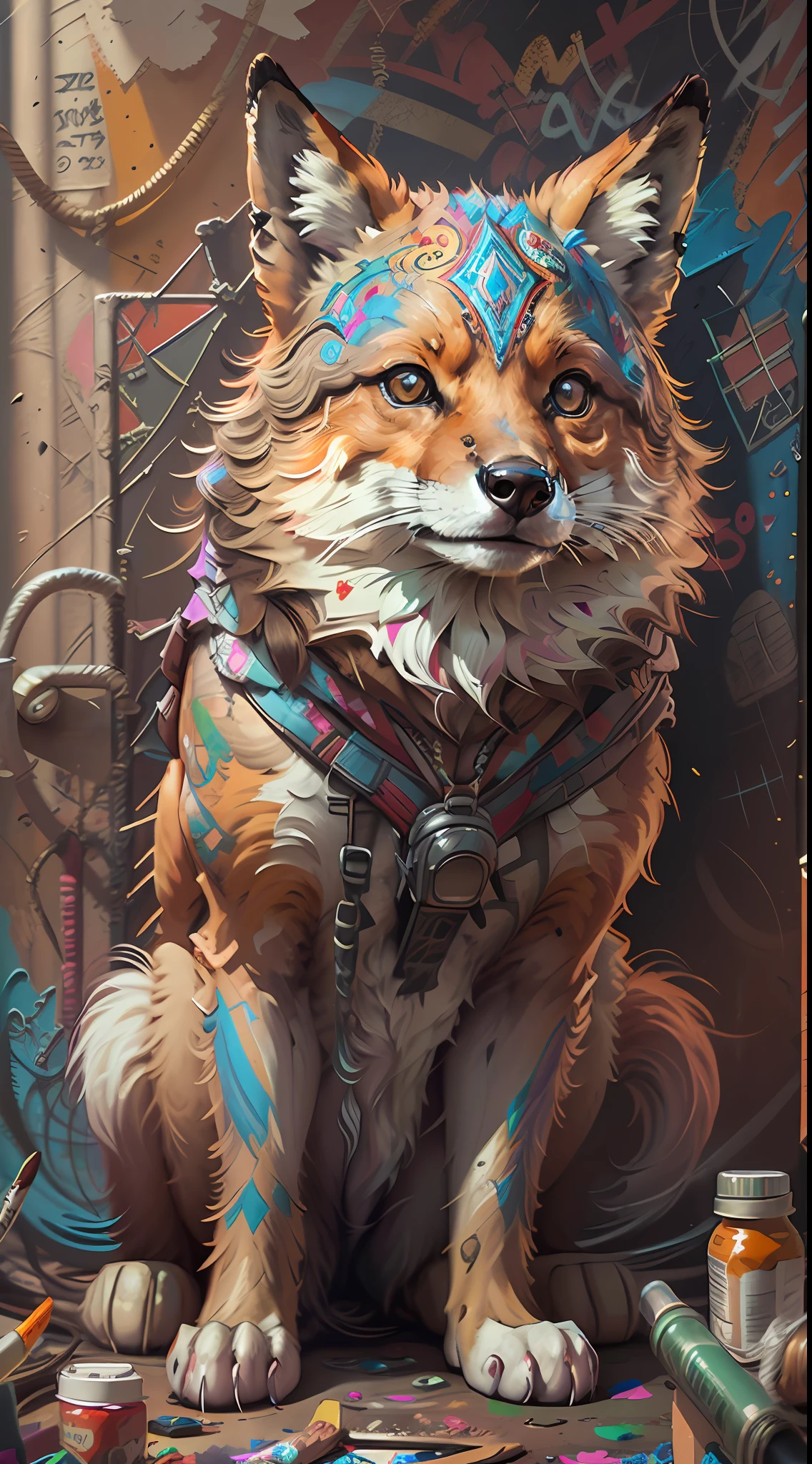 Fox staring at the camera, Highly detailed graffiti, in style of digital illustration, Digital painting highly detailed, Digital Art. ighly detailed, high quality digital painting, very detailed digital art, digital-painting style