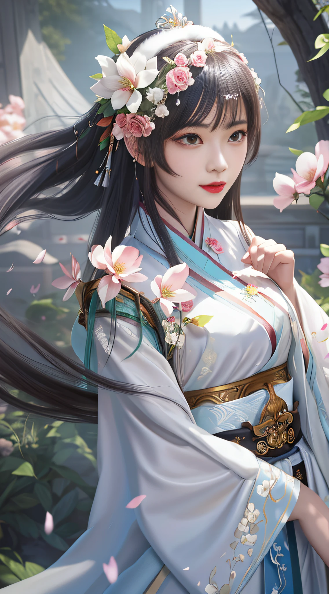 There is a woman in a white dress and a flower crown, Guviz-style artwork, Guviz, by Yang J, Palace , A girl in Hanfu, ((a beautiful fantasy empress)), a beautiful fantasy empress, By Leng Mei, trending on cgstation, Guweiz in Pixiv ArtStation, White Hanfu