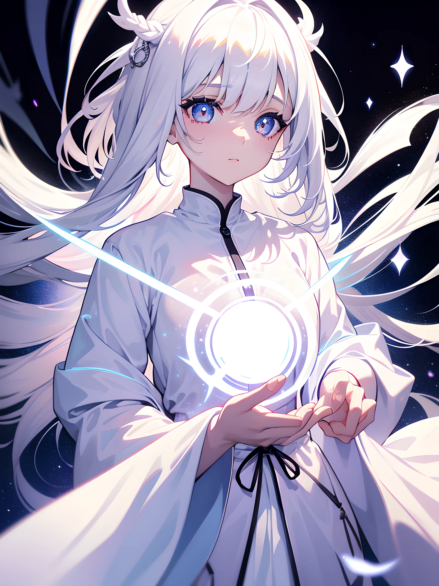 1girll, White hair, pupils in symbol shapes, milky ways, Light particles, Light rays, the wallpaper, High contrast, Colorful,long white robe，4k
