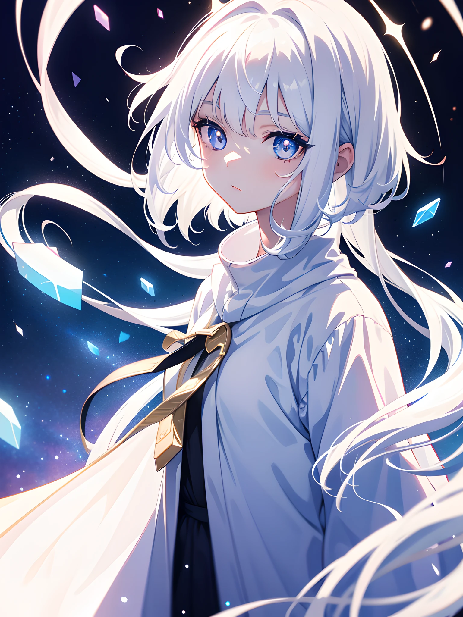 1girll, White hair, pupils in symbol shapes, milky ways, Light particles, Light rays, the wallpaper, High contrast, Colorful,long white robe,4k