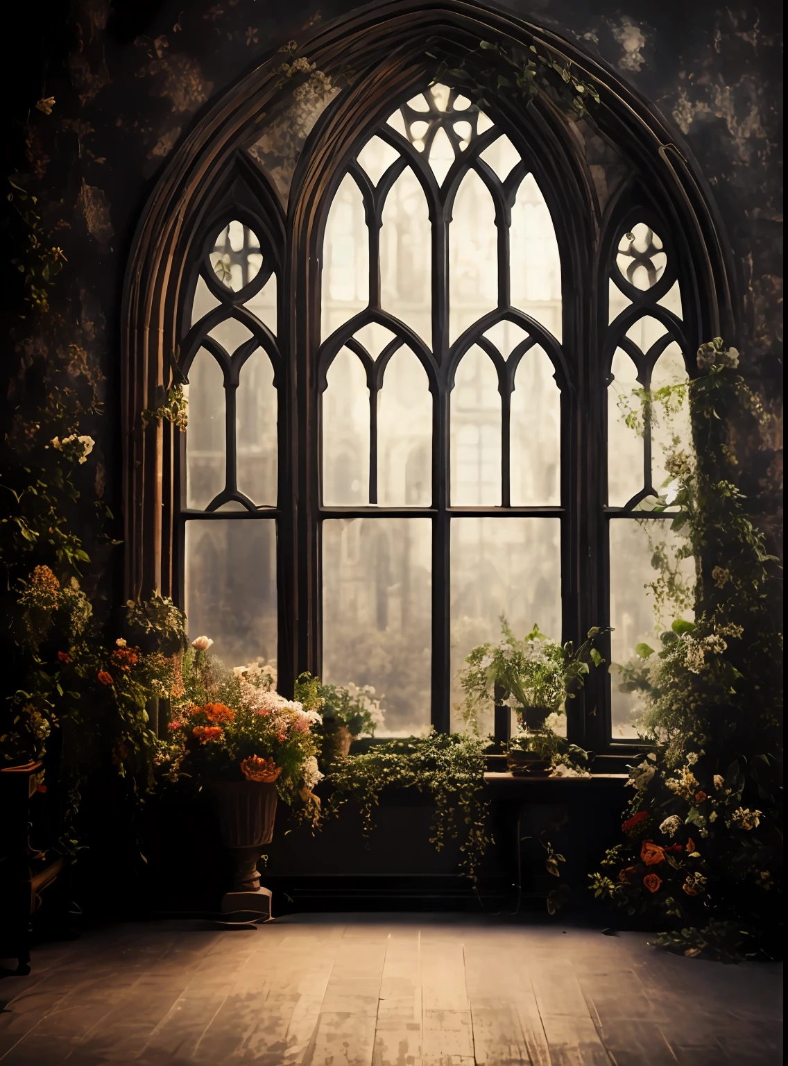 a view of a window with a plant in a vase in front of it, photo of a beautiful window, atmospheric beautiful details, stunning arcanum backdrop, gothic interior, floral environment, open window ib background, gothic church background, dramatic backlit window, atmospheric fantasy setting, gothic atmosphere, window, beautiful mattepainting, gothic mansion room, large window, gothic background